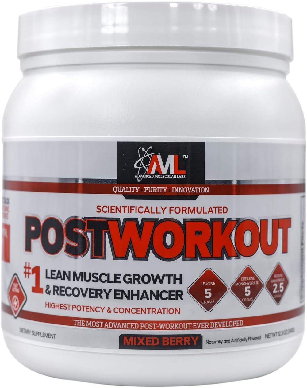 Advanced Molecular Labs - Postworkout Powder, Post Workout Recovery Drink, Muscle Builder Post Workout Supplement, Mixed Berry, 12.3 oz