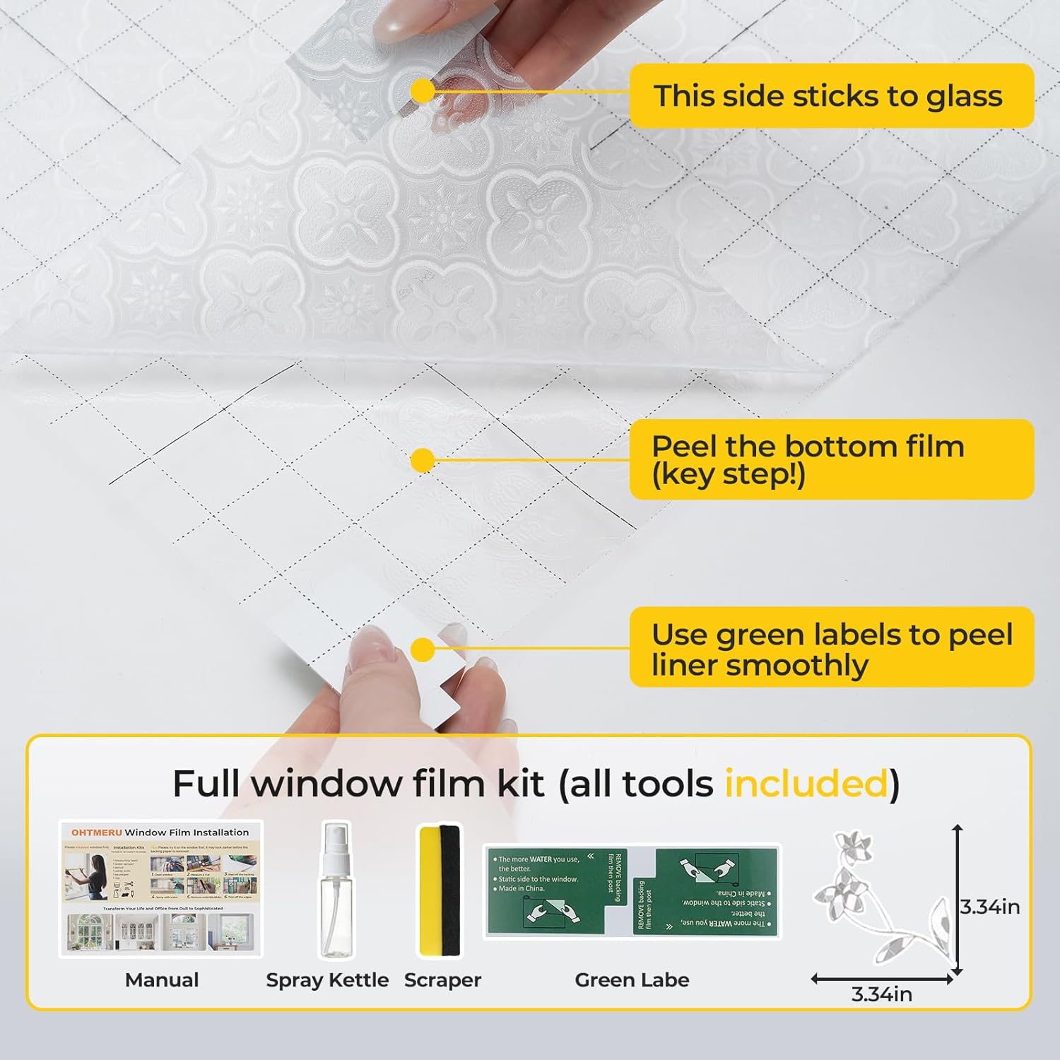 OHTMERU Window Privacy Film Decorative for Front Door, Bathroom Static Cling Stained Glass Sticker Opaque Heat Control UV Blocking Non-Adhesive for Home Windows,Fresh Flower 23.6 X 78.7 inches