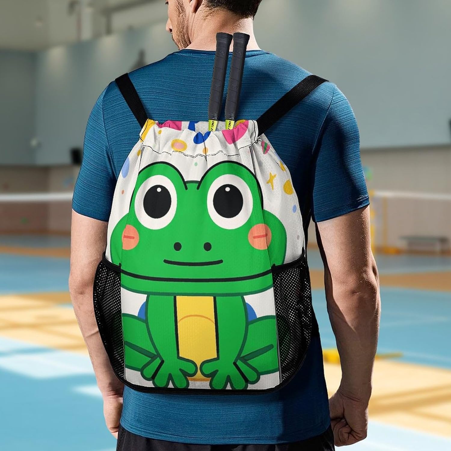 Drawstring Backpack Sports Gym Swim Bag with Shoes Compartment Cute Frog Pattern Stuff Sack