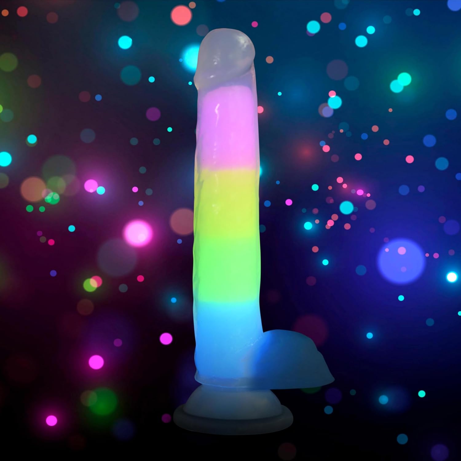 LOLLICOCK 7" Glow-in-The-Dark Rainbow Premium Silicone Dildo with Balls for Men, Women, & Couples. Strong Suction Base Firm & Flexible Harness Compatible. 1 Piece, Rainbow