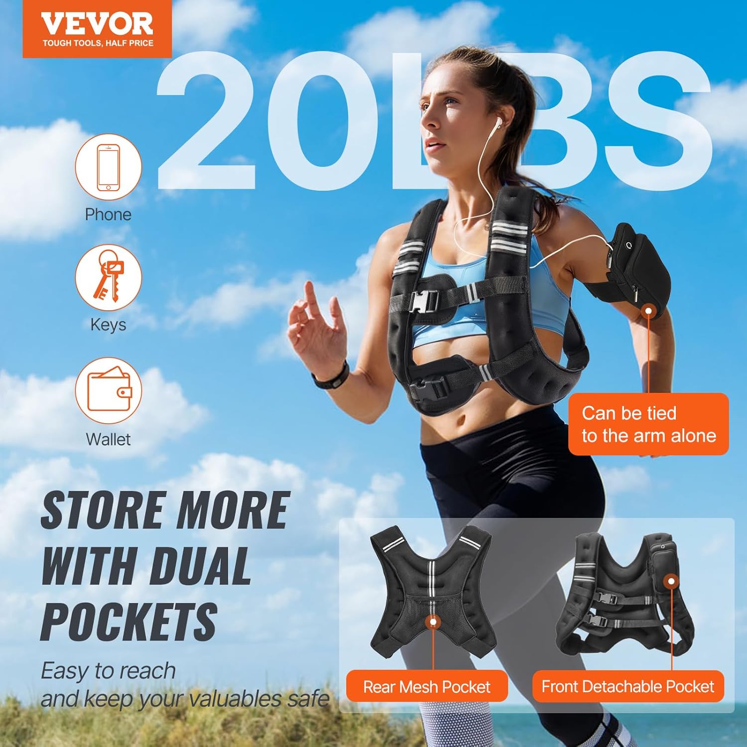VEVOR Weighted Vest, 12/16/20/30 lbs Weight Vest with Reflective Stripe, Adjustable Buckle Body Weight Vest, Workout Equipment for Strength Training, Running, Jogging, Fitness, and Weight Loss - Image 2