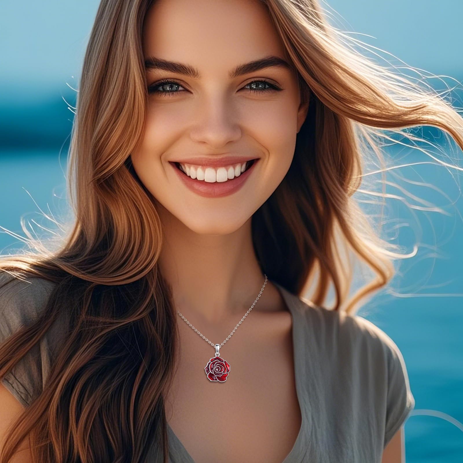 ONEFINTIY Rote Rose Kette 925 Sterling Silber Rote Blume Anhänger Emaille Rose Blume Schmuck Geschenke Für Damen