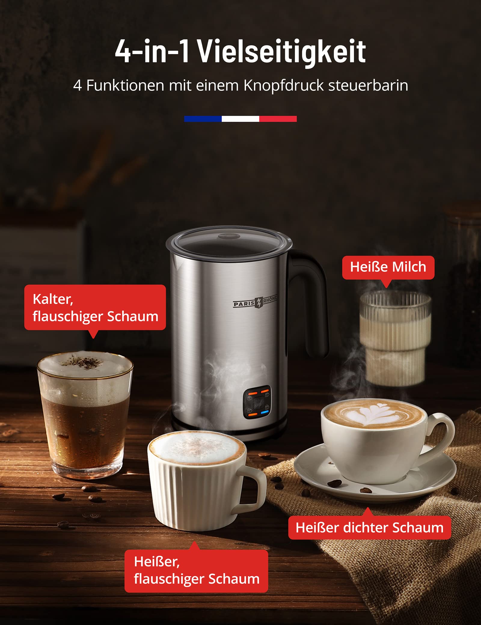 Electric Milk Frother 4 in 1 Cappuccino Maker with 2 Additional Stirrers, Temperature Control Strix Quiet, Hot/Cold Milk Foam for Cappuccino and Macchiato