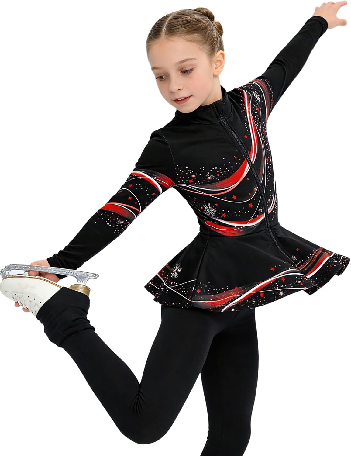 Kids Girls Stylish Print Peplum Jacket Ice Skating Training Coat Fleece Gymnastics Dance Tops