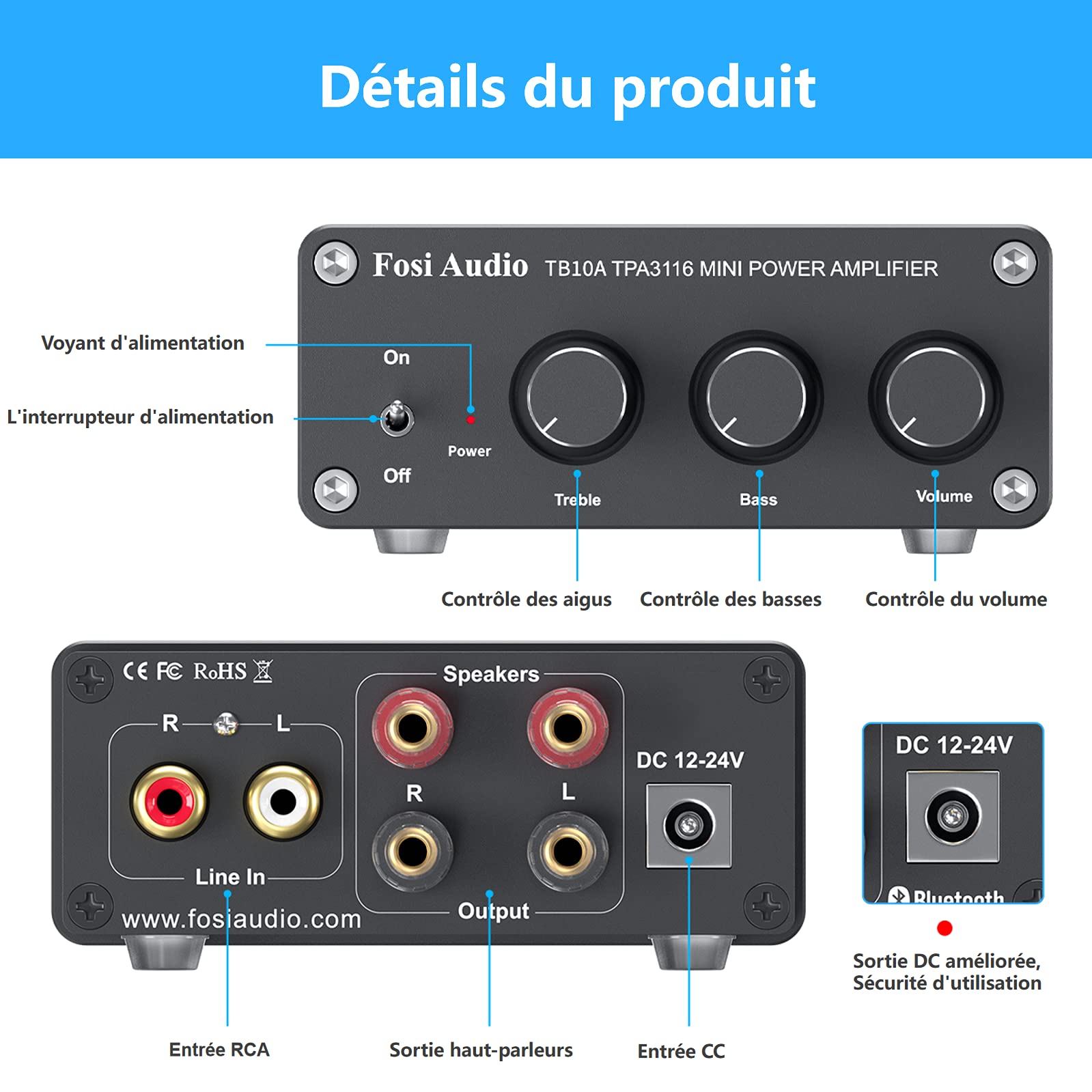 Fosi Audio TB10A Amplificateur Récepteur Audio Stéréo 2 Canaux Mini Ampli Intégré Hi-Fi Classe D 2.0CH pour Enceintes de Salon 100W x2 avec Contrôle des Basses et des Aigus TPA3116