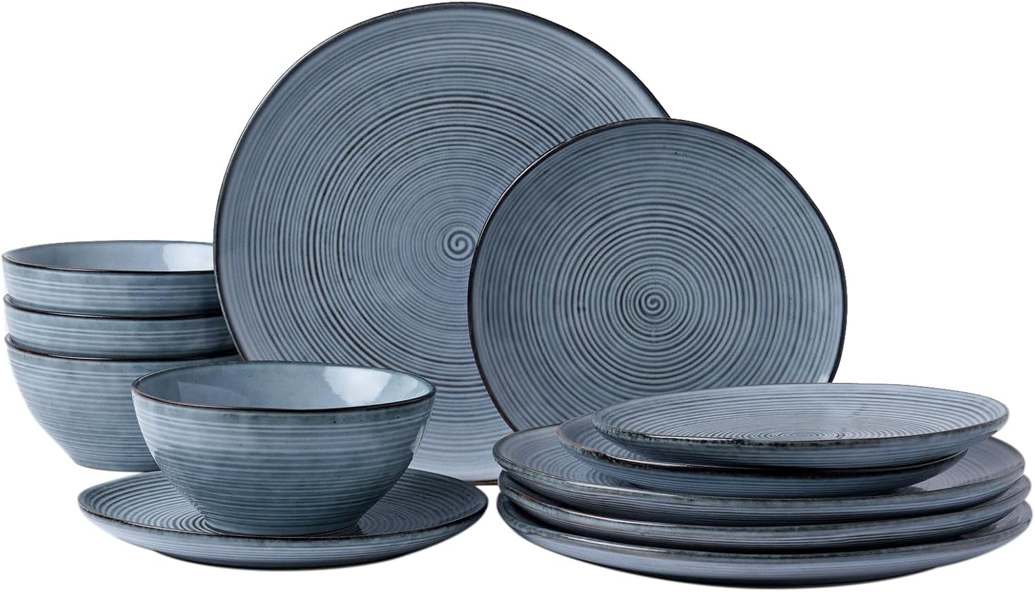 famiware Plates and Bowls Sets for 4, 12 Pieces Stoneware Dinnerware Sets, Dishes Set, Reactive Glaze Dishware Sets, Dishwasher & Microwave Safe, Tempus Series - Pearl Blue