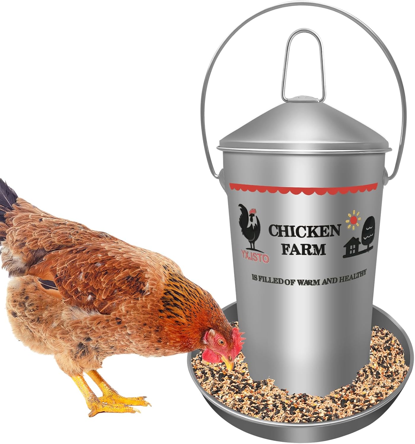 8.8 Lb Stainless Steel Poultry Feeder, Automatic Chicken Feeder No Waste, Hanging Chicken Feeder Heavy Duty Reliable Long-Lasting with Handle, Top Filled