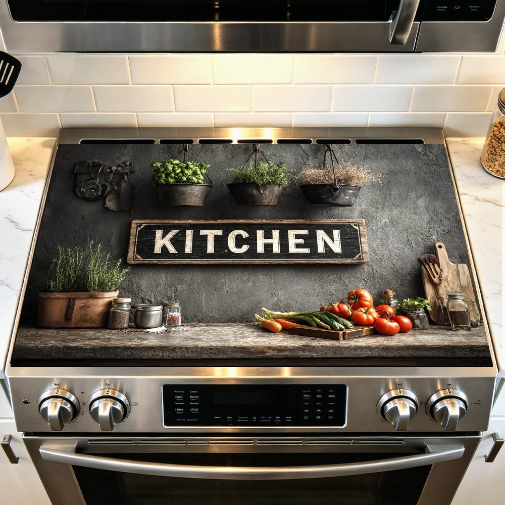 Rustic Farmhouse Stove Top Cover for Electric Stove, 28.35x20.47in Decorative Stove Glass Front Cover, Kitchen Sign Art Gas Stove Mat & Protective Stove Burner Cover for Gas Stove Top
