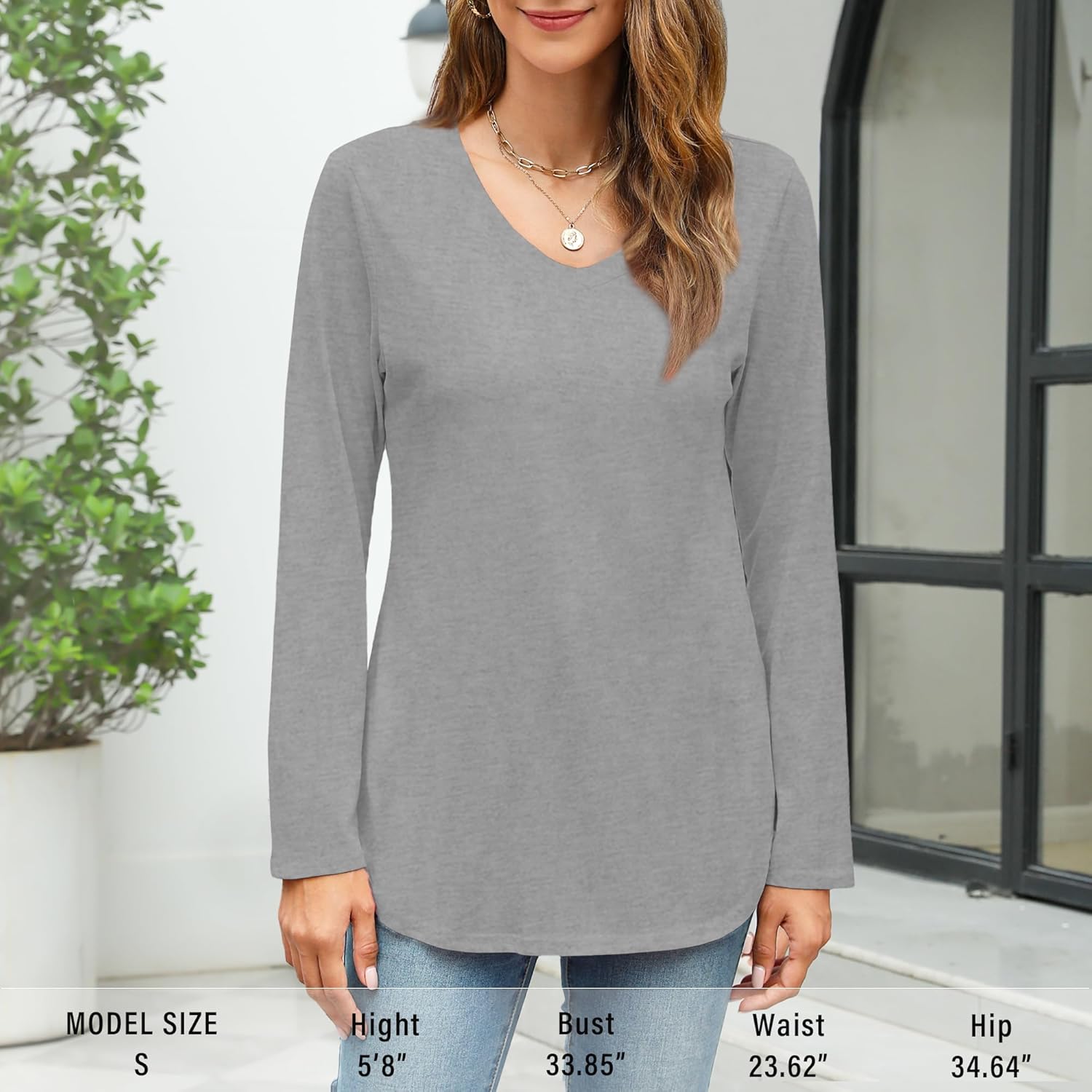 Elesomo Womens T Shirts V Neck Summer Short/Long Sleeve Cotton Tops Tees - Image 3