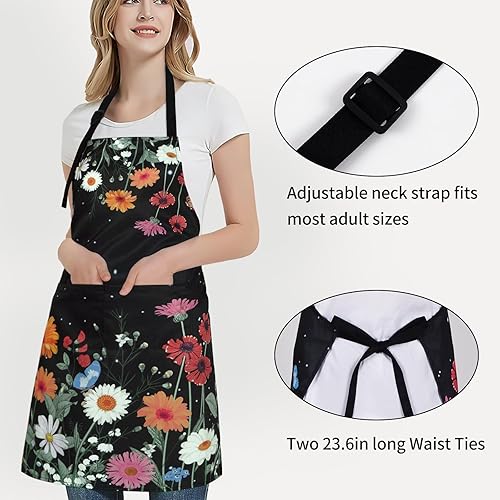 Miniatura 3 de ASPMIZ Delantal floral para adultos, delantal impermeable para mujer con 2 bolsillos, delantales de cocina de flores con correa ajustable para el
