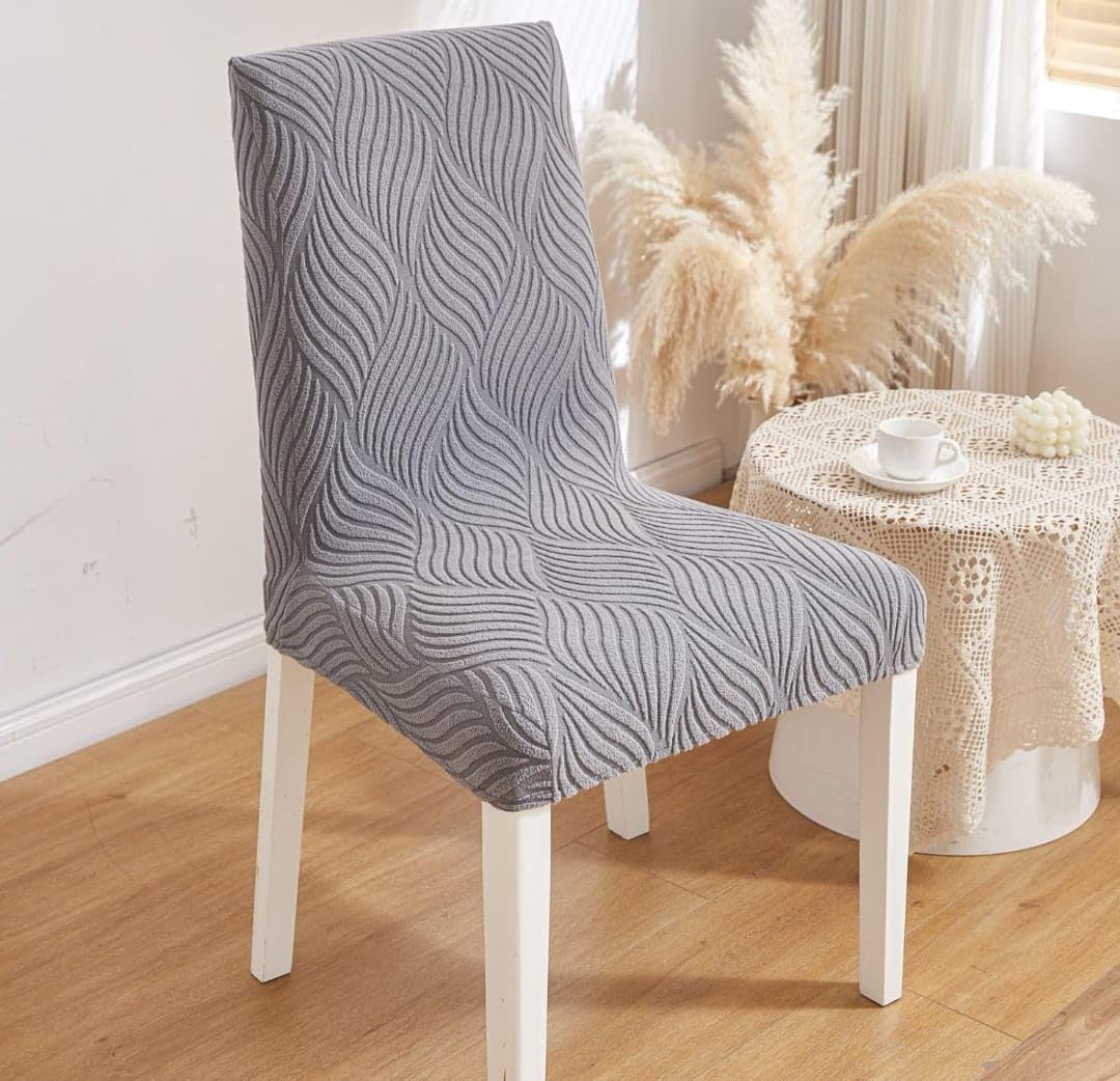 Stretch Dining Chair Cover, Textured Jacquard Fabric, Slip-on Slipcover for Dining Room Chairs_Shankh_Gray_01-image-46