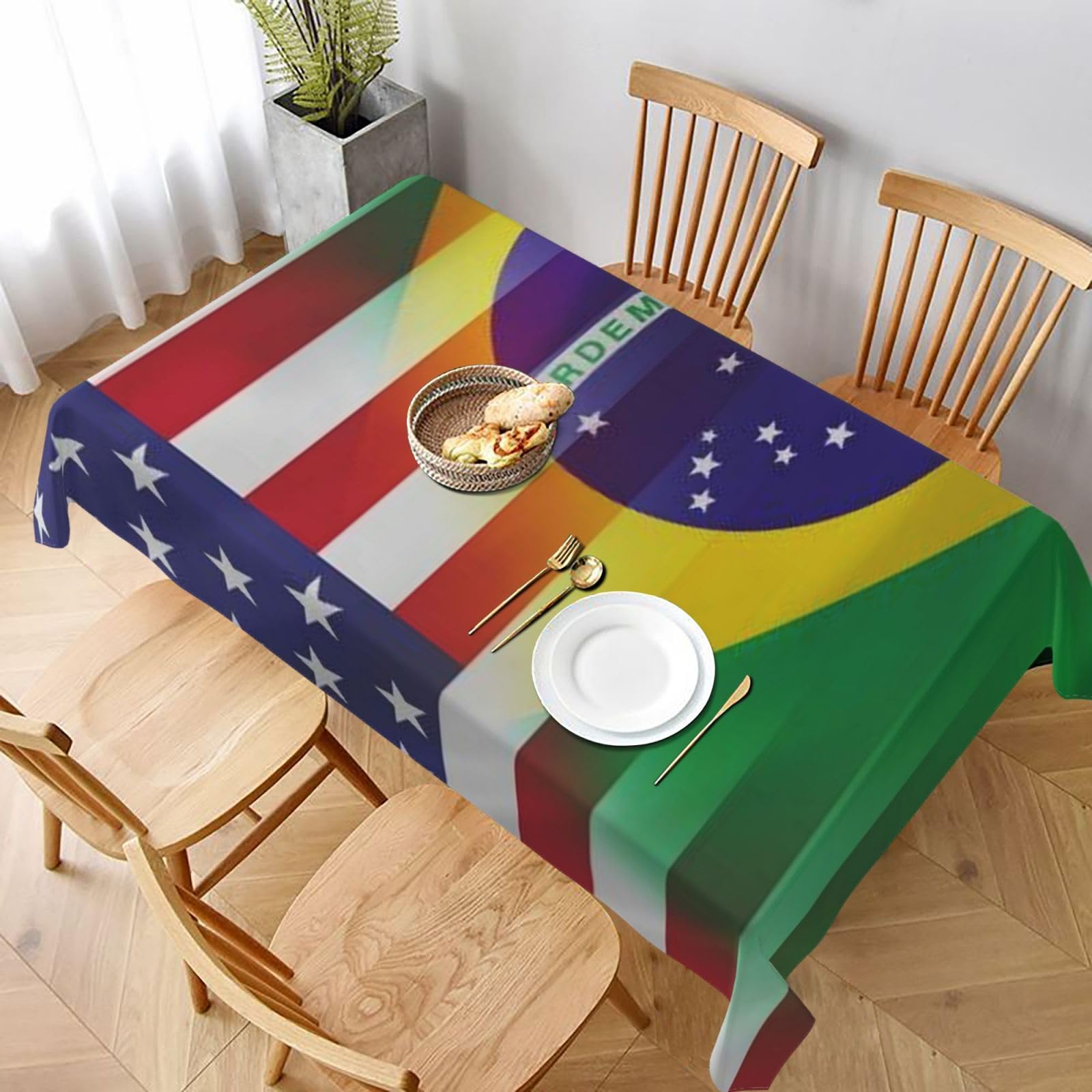 BNVSADC American and Brazilian Flags Printed Rectangle Tablecloth 228x152 CM, Water Resistant Polyester Table Cloth Decorative Fabric Table Covers for Kitchen Dining Table Parties Camping