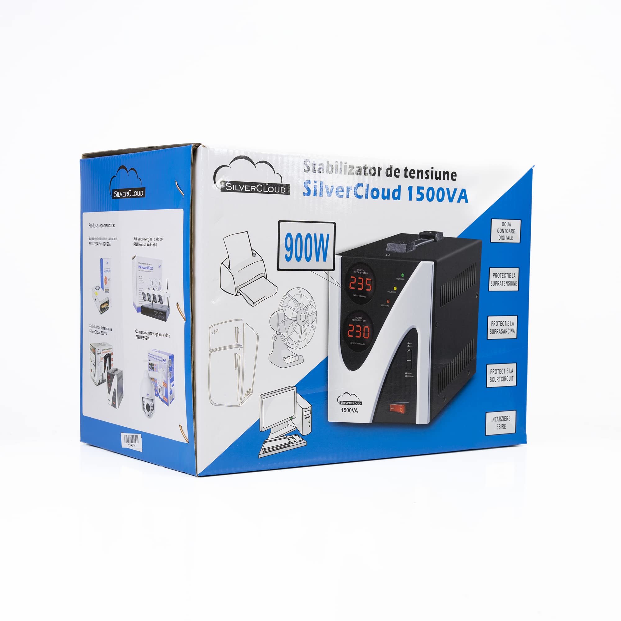 Stabilizzatore di Tensione SilverCloud 1500 VA, 900 W, 6,8 A Monofase, 2 Uscite Schuko, 900 Watt, Dispositivo di Protezione da Sovratensione e Sottotensione