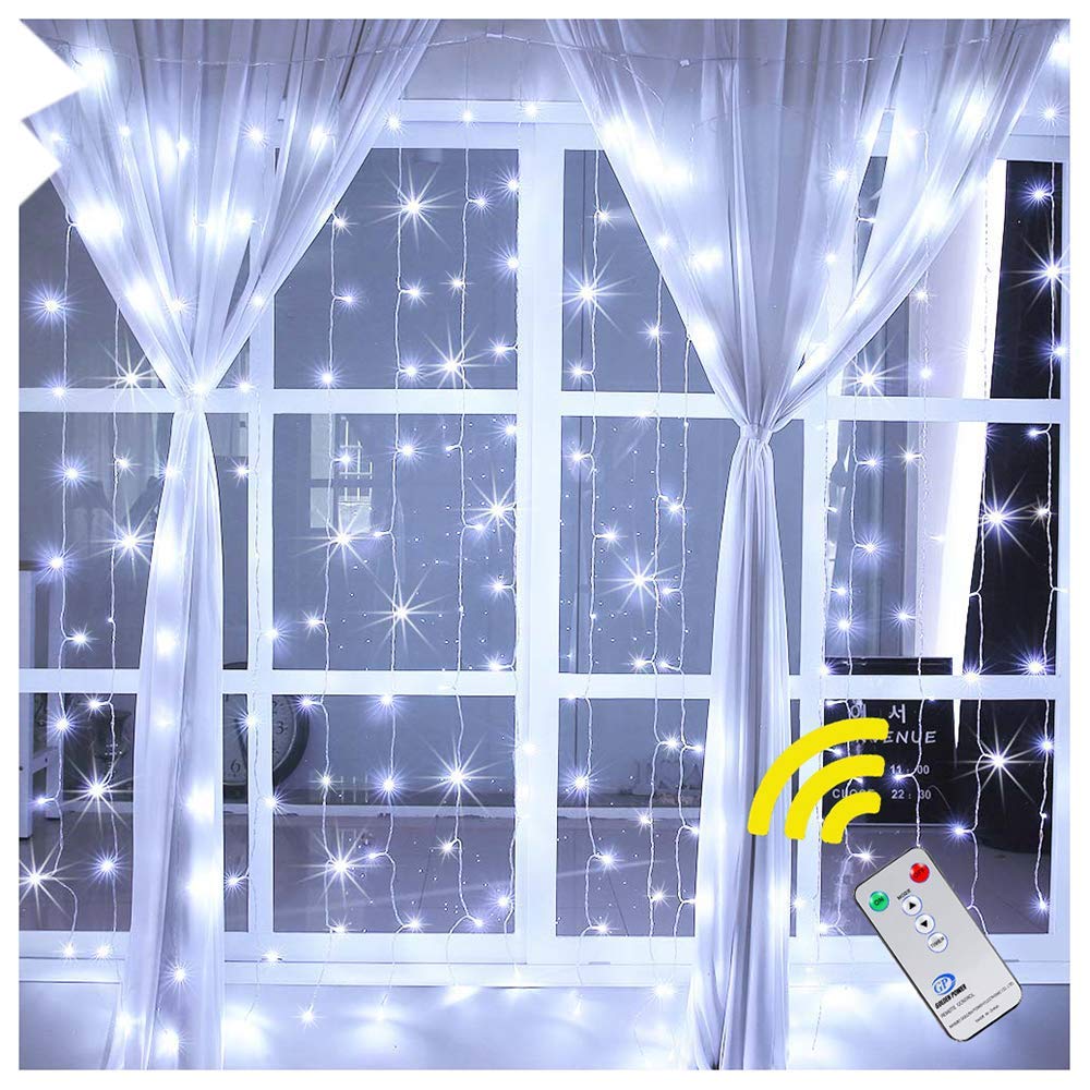Ollny Window Curtain Lights USB Powered 3m x 3m, 304 LED Warm White Curtain Fairy Lights String Lights with Remote and 8 Modes for Garden Gazebo Party Christmas Bedroom Decoration