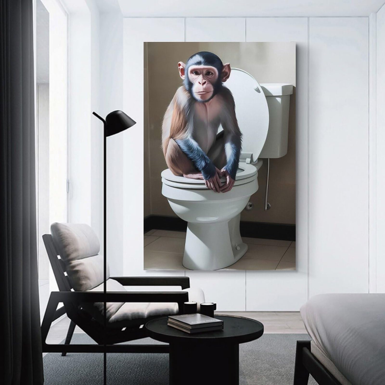 Junmoney Unframe-Style-9 Canvas Wall Decor Monkey On Toilet Bathroom Art, 20X30inch(50X75cm), For Home Lounge, Bedroom Or Reading Nook, Eye Catching Artwork For Blank Walls