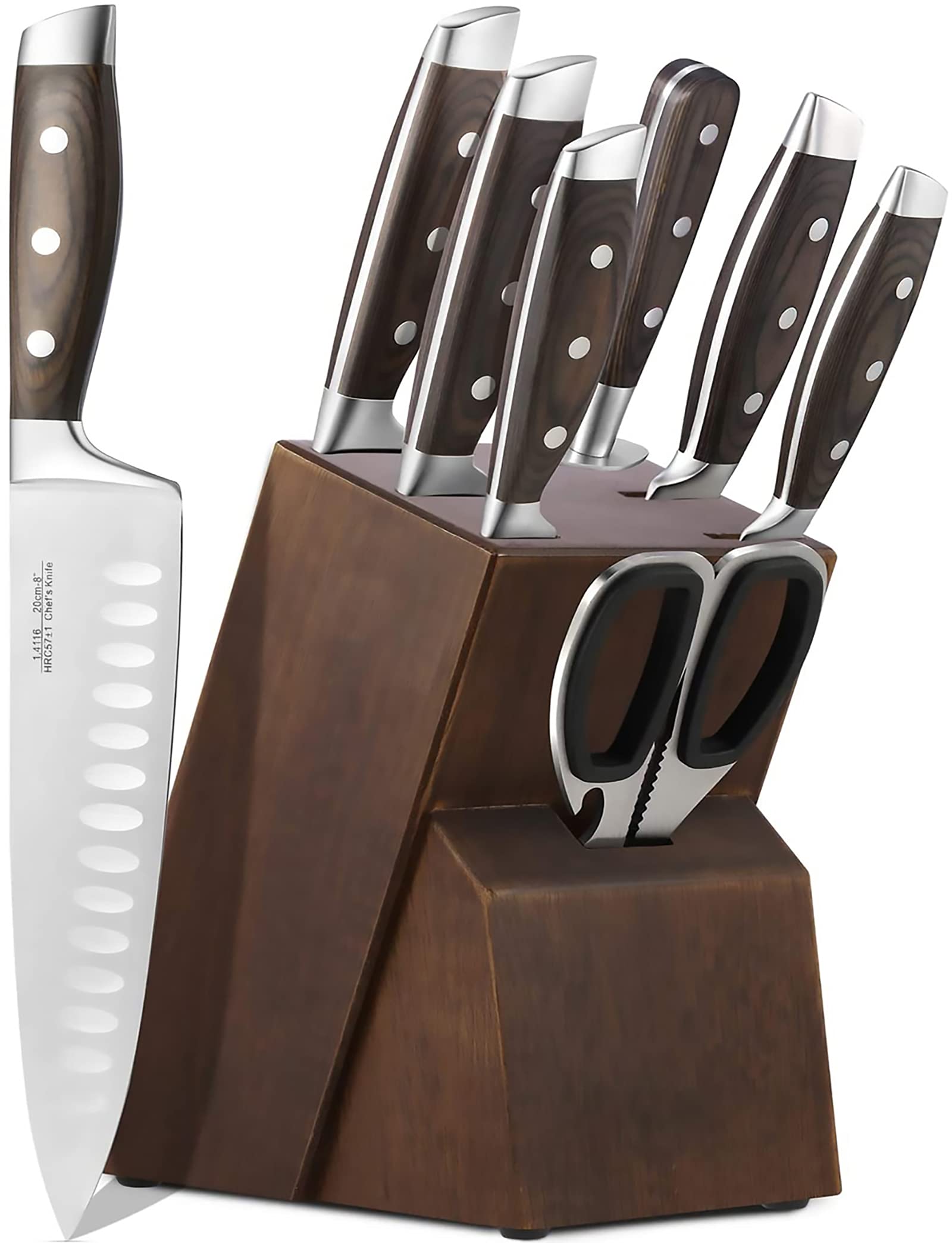 Kitchen Knife Set with Block, 8 pcs, Stainless Steel - German 1.4116 Stainless Steel Blade, Kitchen Knifes Set Professional with Sharpener, Full-Tang Design.