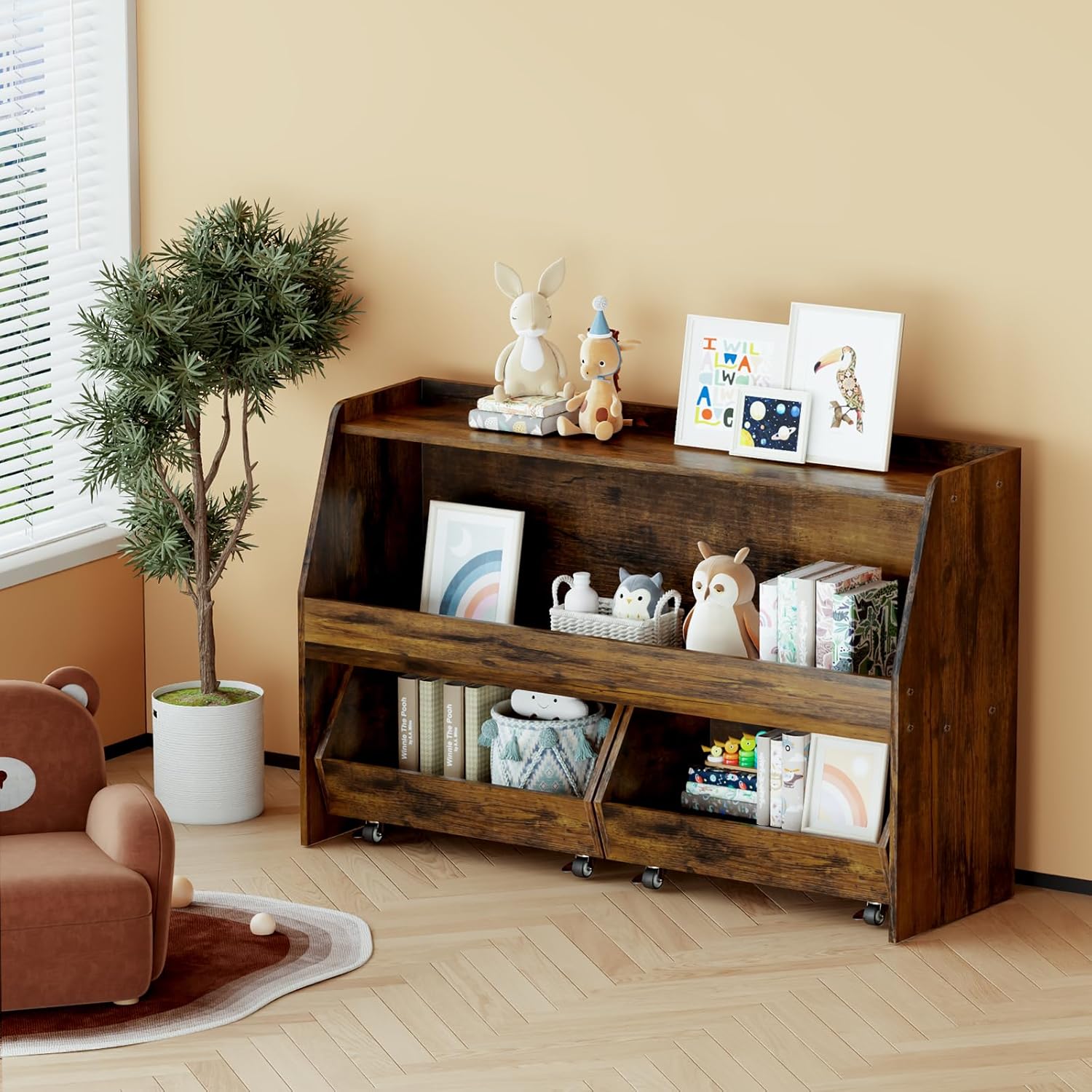 COZPAW Toy Storage Organizer, 2 Tier Montessori Shelf with Movable Bins (Brown)