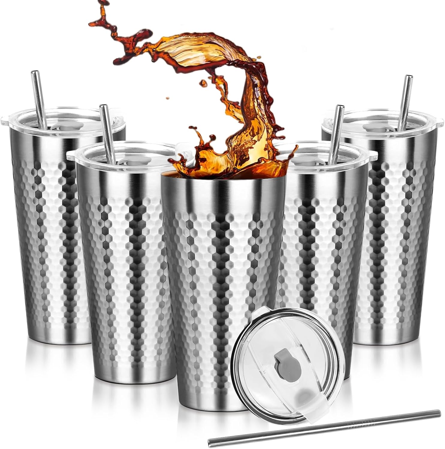 Yummy Sam Stainless Steel Double Layer Cups with Lid, 12oz Insulated Coffee Mug for Hot & Cold Drinks, Drinking Glasses, 355ml Unbreakable Tumblers, 5Pack 12oz Stainless Steel with Lids