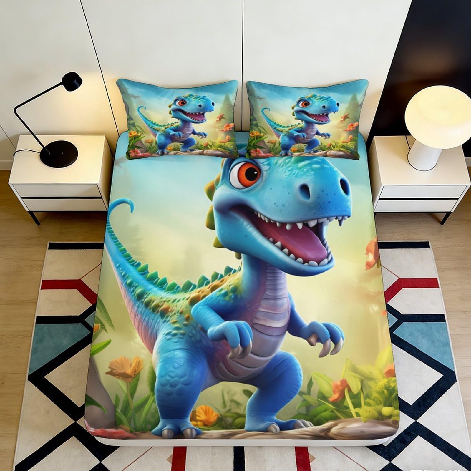 3D Printed Cartoon Dinosaur Fitted Sheet Microfiber Soft Breathable Blue Jungle Bed Cover for Bedroom Dorm Decor 90x200x25cm