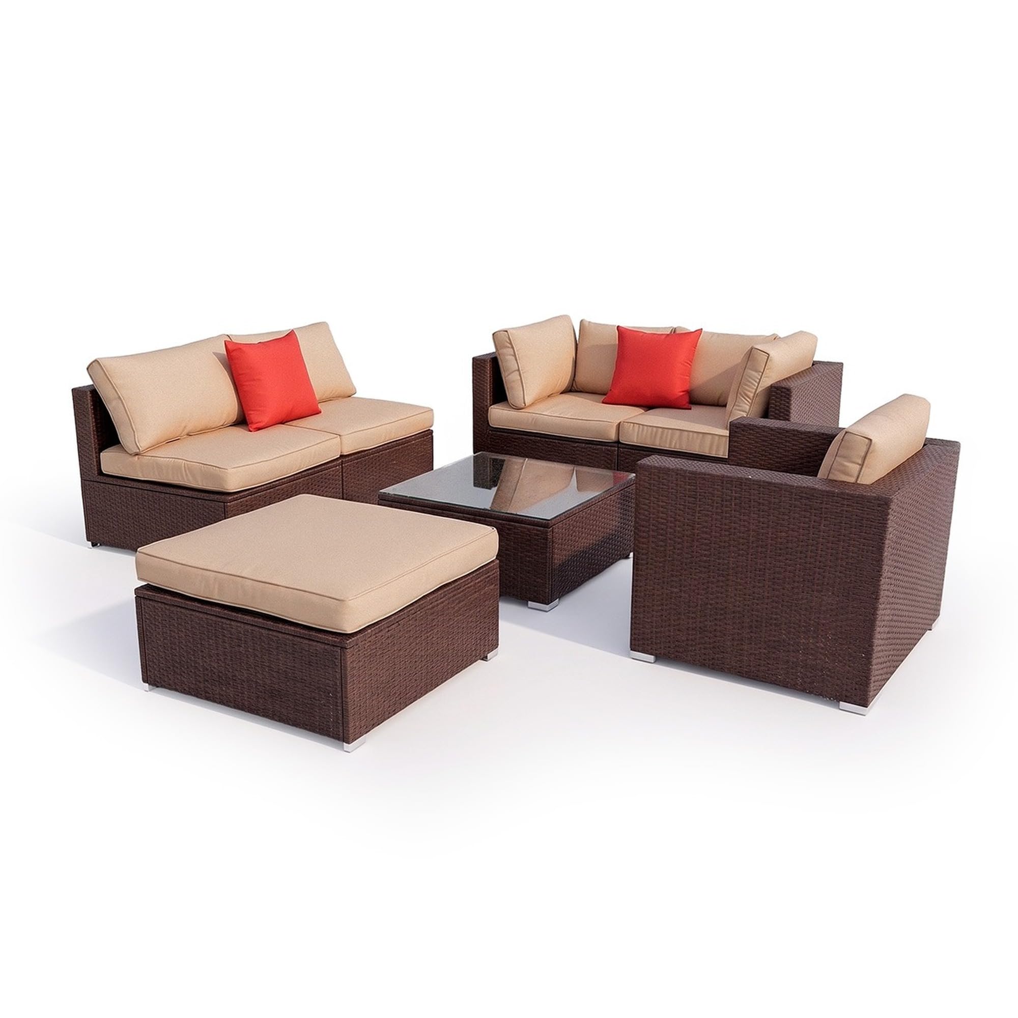 Conjunto de Muebles de Jardín Karl 7 Piezas, Sofá de Exterior Seccional de Ratán Sintético PE, Estructura de Hierro, Cojines de 8 cm y Mesa con Cristal Templado, Marrón