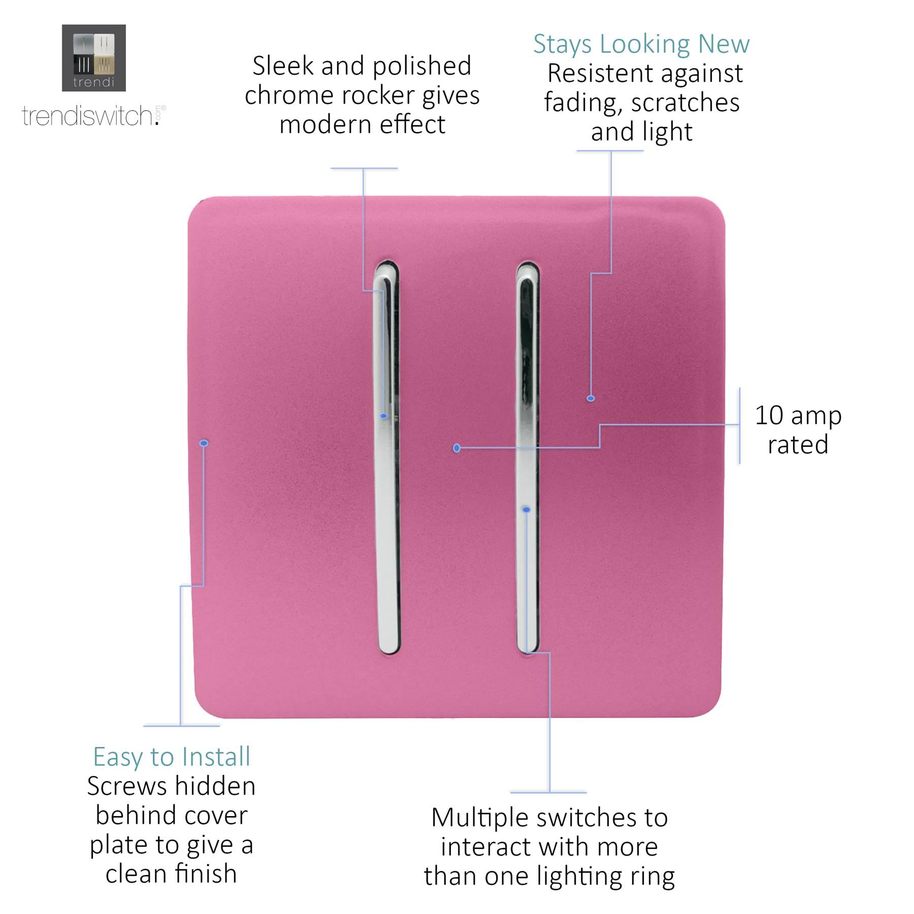 Trendi 2 Gang 2 Way Artistic Modern Glossy 10 Amp Rocker Tactile Light Switch Pink (Pack of 2) - Image 2