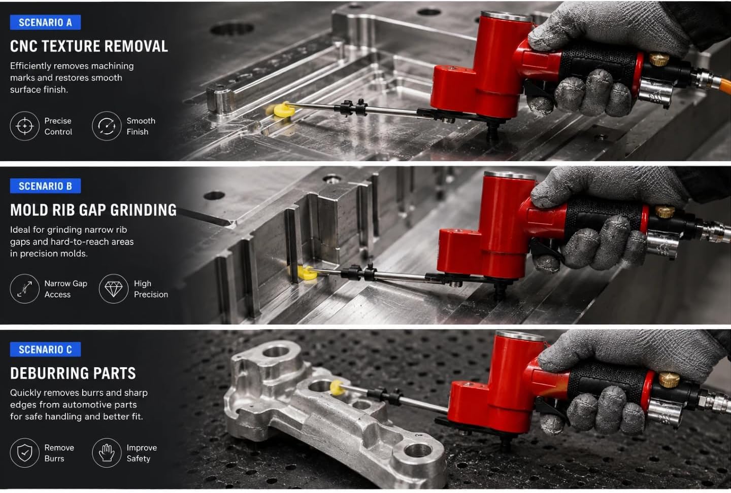 Reciprocating Pneumatic Finger Sander for Narrow Surface Finishing | Solid alloy construction,anti-slip comfortable grip,reciprocating grinding function, narrow gap metal resin polishing