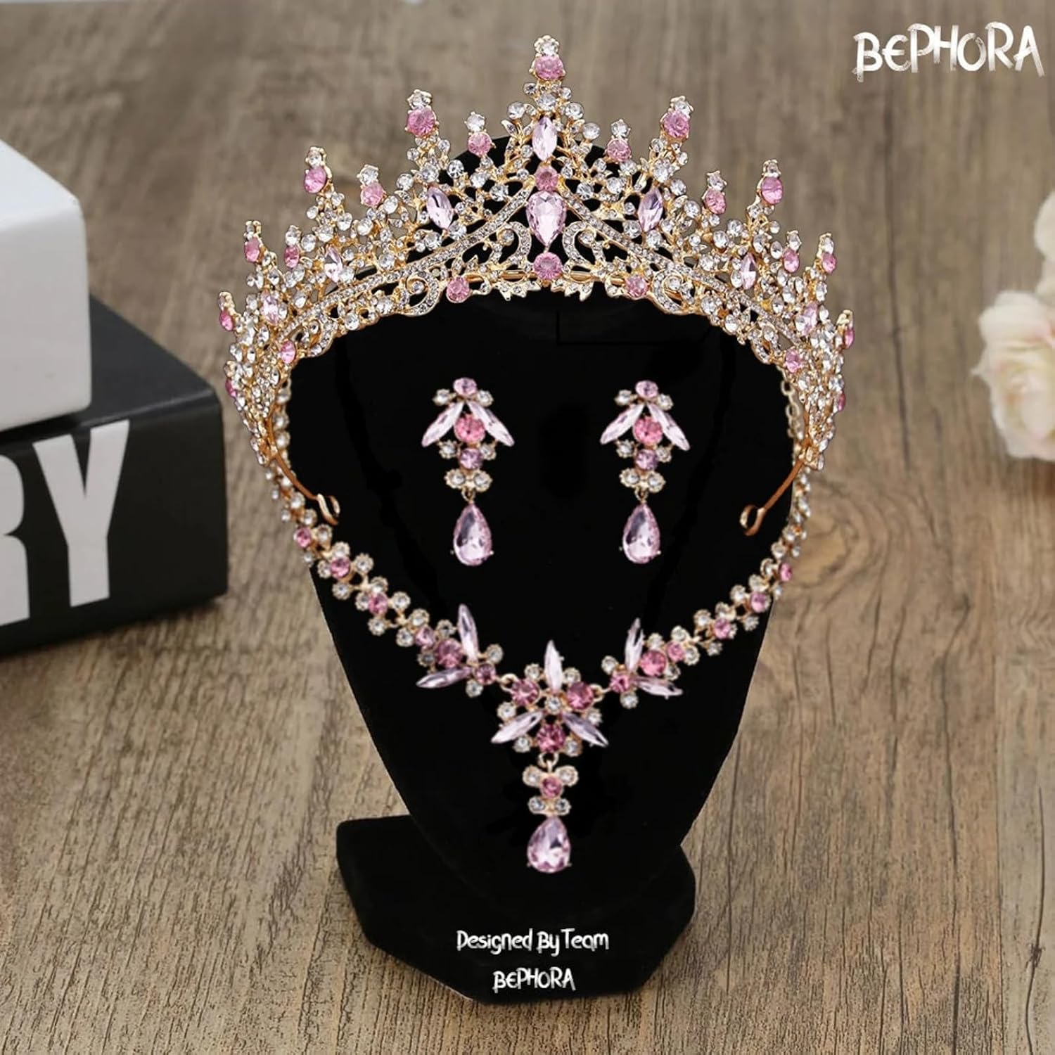 Gold Pink Crystal Bridal Crown Jewelry Set with Tiara, Necklace & Earrings in Premium Gift Box – Formal Accessories for Weddings, Prom & Special Occasions