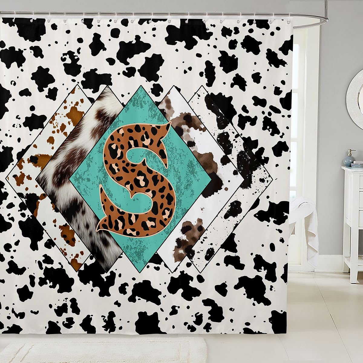 Rideau de douche lettre S taille L léopard monogramme alphabet imprimé cuir de vache rideau de bain pour adultes design rustique rétro rideaux de bain imperméables avec 12 crochets pour baignoire
