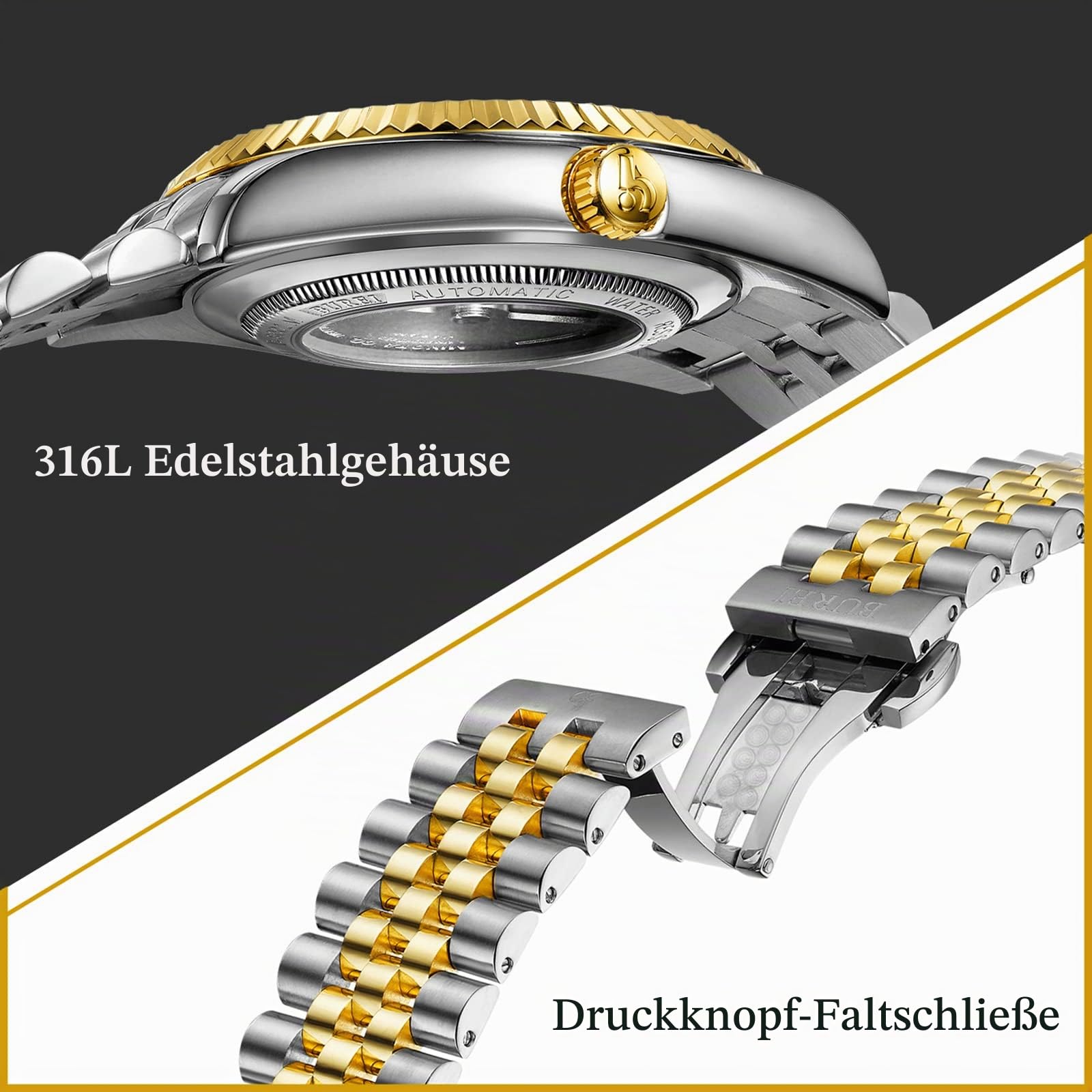 BUREI Klassische Uhren Herren Automatik Saphirglas Roségold Edelstahl Armband 41mm Mechanische Armbanduhren mit Kalender