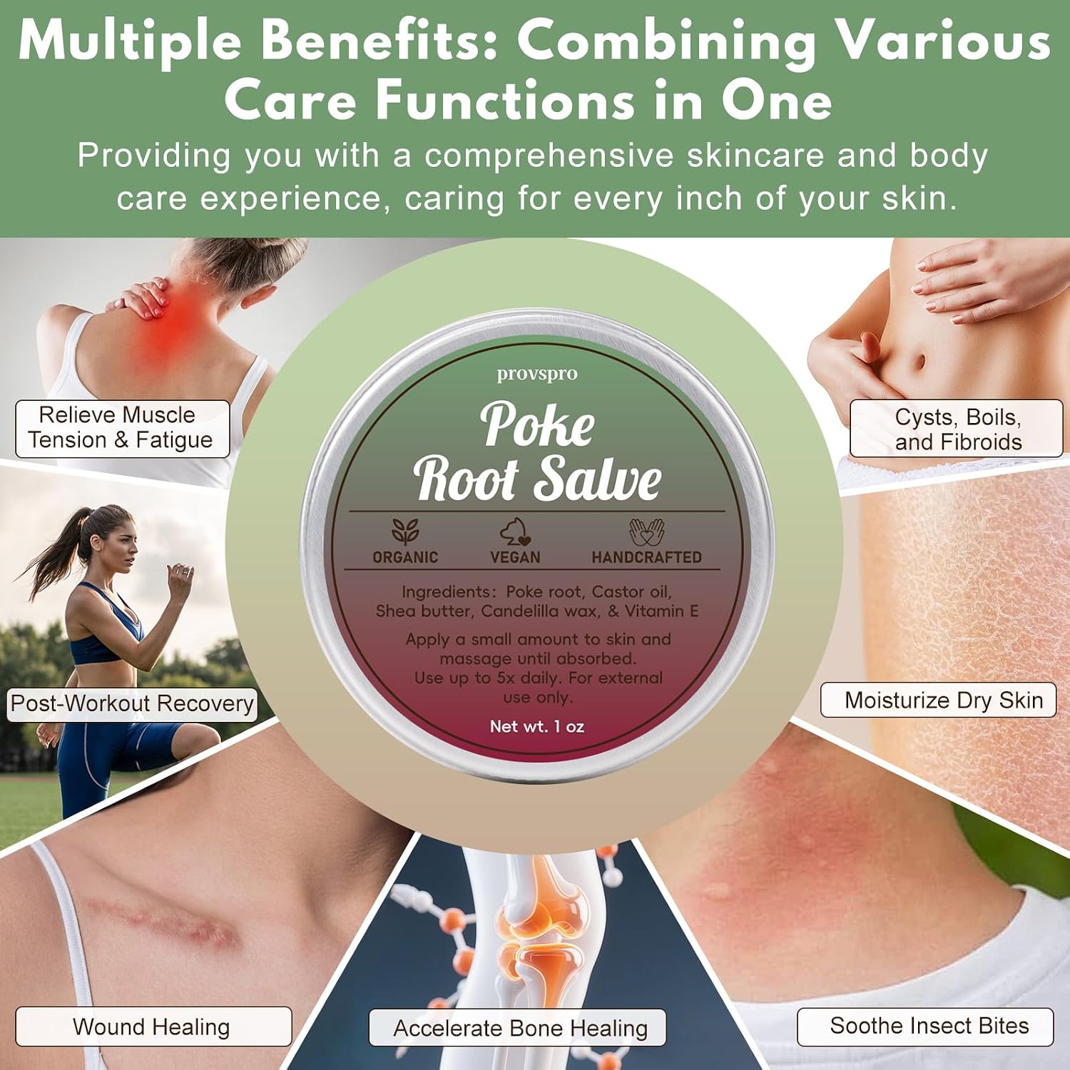 Poke Root & Castor Oil Salve for Lymphatic Massage, Vegan Herbal Balm for Breast, Neck, Underarm & Joint Care, Deep Tissue Massage Ointment for Relaxing Self Care & Skin Moisturizing, 1oz