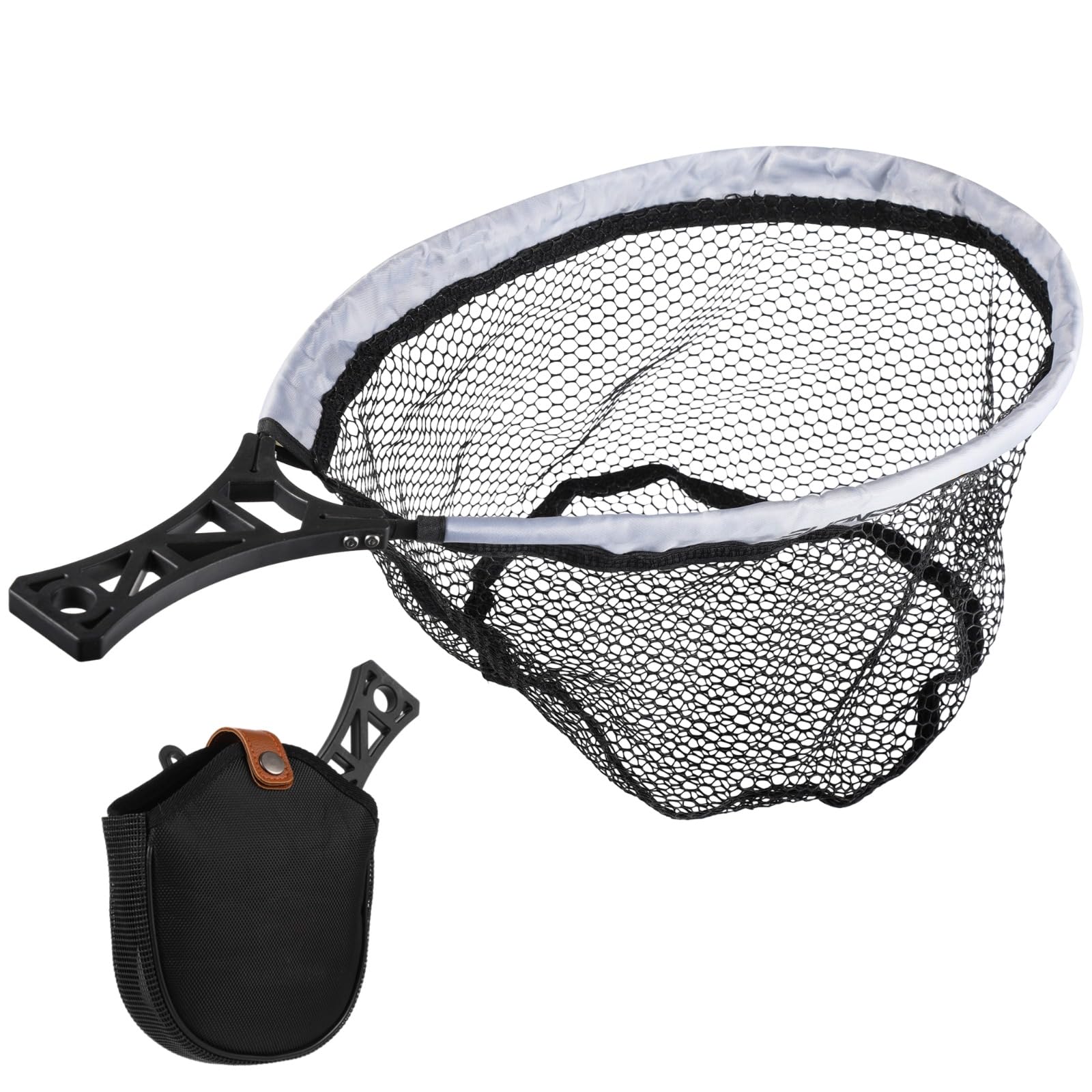 Folding Fly Fishing Net with Tackle Bag, Lightweight Rubber-Coated Mesh Landing Trout Net, Foldable with Non-Slip Handle, Fly Fishing Gear for Beginners