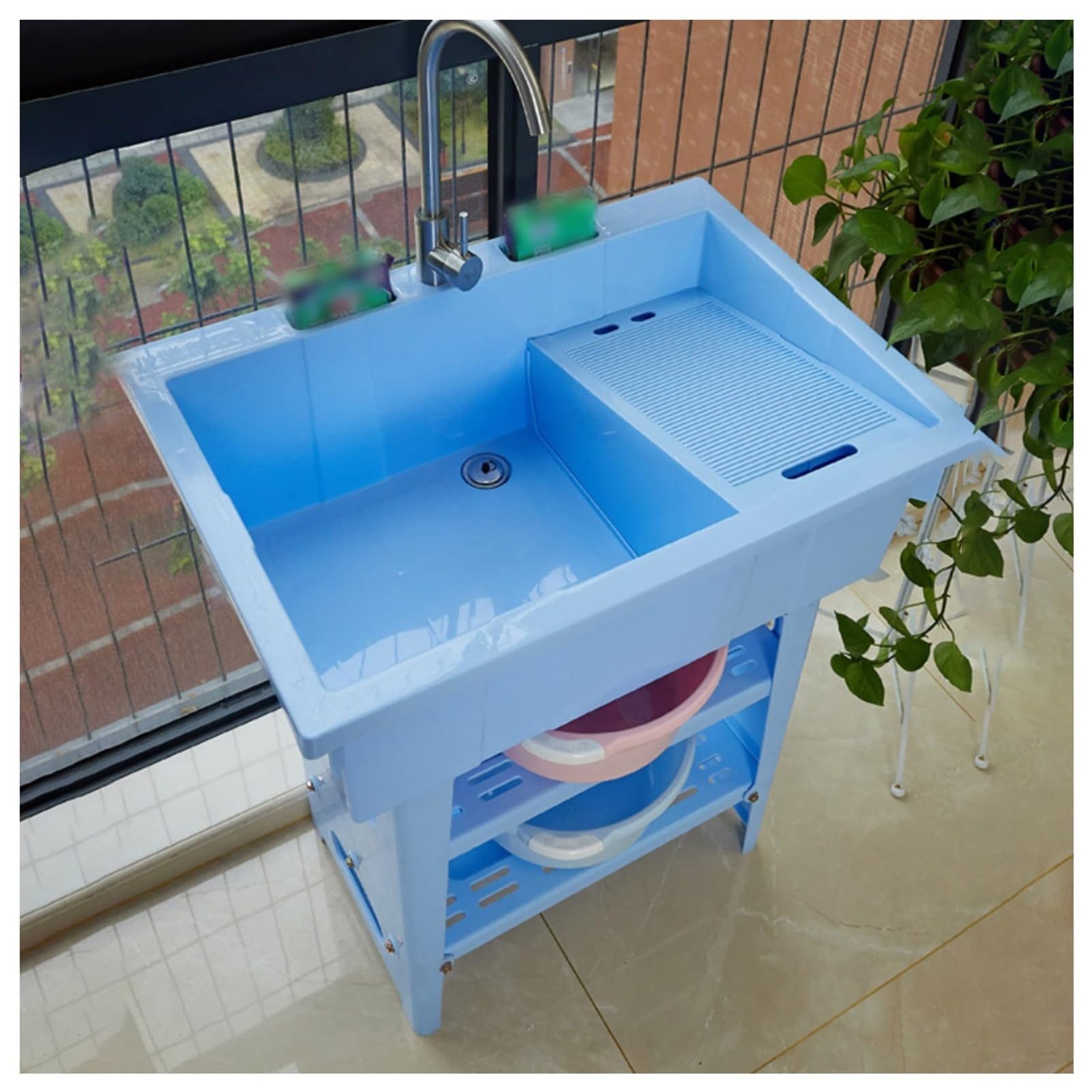 HYSOPSPX Freestanding Plastic Laundry Sink with Washboard, Utility Tub for Washing Room, Portable Hand Wash Station Hose Hook Up, Outdoor Backyard and Garden