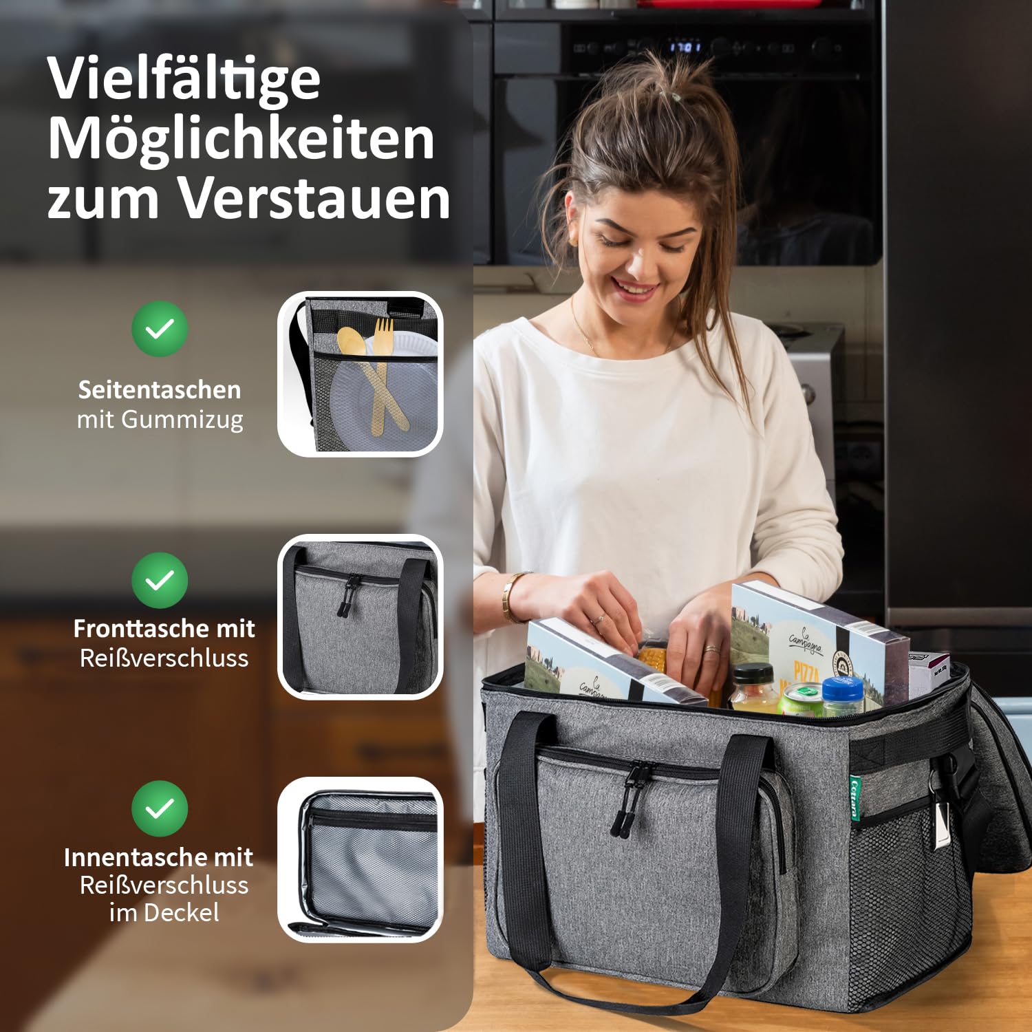 COTTARA® Faltbare Kühltasche groß 30L wasserdicht +12h Frische extra stark isolierte Kühltasche faltbar – Kühlbox, Cooler bag, Lunch bag, Isoliertasche, Thermotasche Picknicktasche – Grau