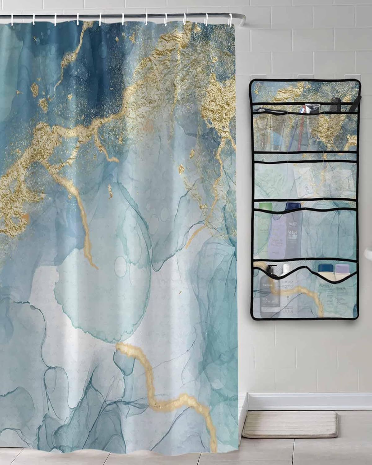 EZONCH Shower Curtains for Bath Shower Organizer Set, Blue