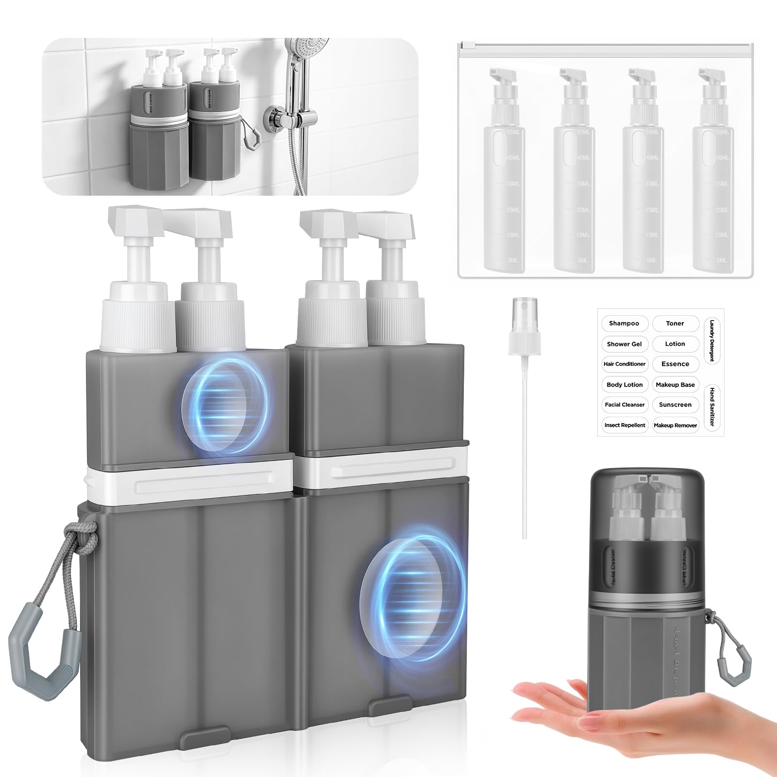 Yotako 4 in 1 Travel Bottles Dispenser - TSA Leak Proof Refillable Silicone Squeeze Pump Dispenser Bottles with Suction Cup, Portable Travel Bottles for Toiletries Shampoo Conditioner Body Wash Lotion