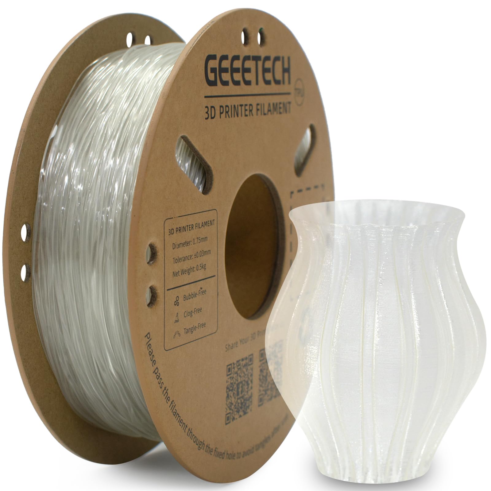 GEEETECH TPU Flexible Filament 1.75mm, 3D Printer Filament 500g 1 Spool (Transparent)…