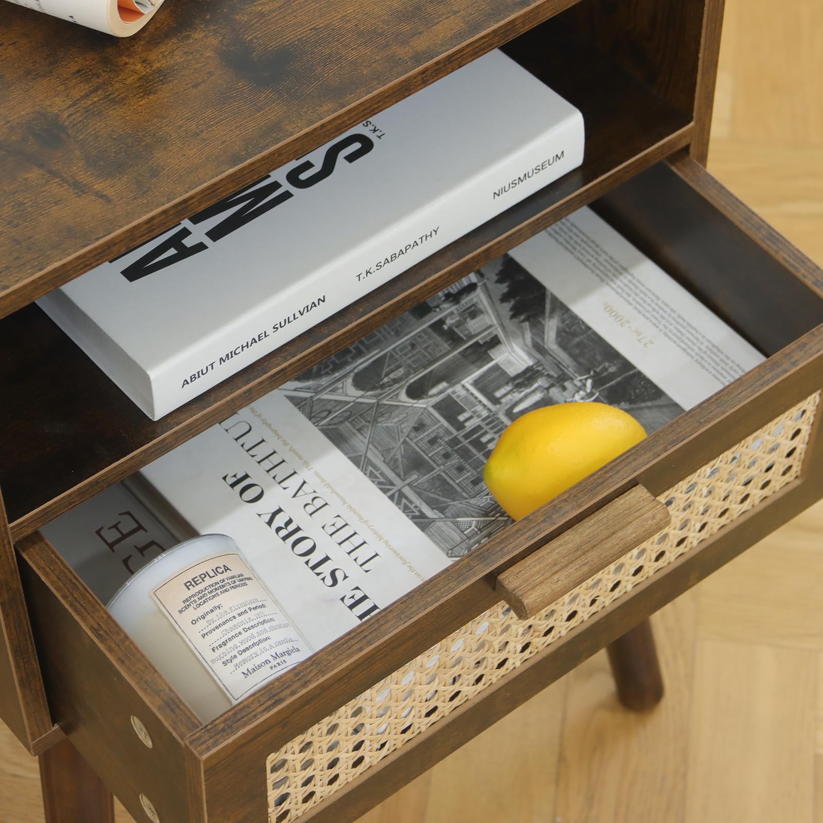 Mesita de noche de mediados de siglo, mesa auxiliar de ratán con cajón, mesita de noche moderna de madera para dormitorio, sala de estar y espacios pequeños (marrón rústico) 7
