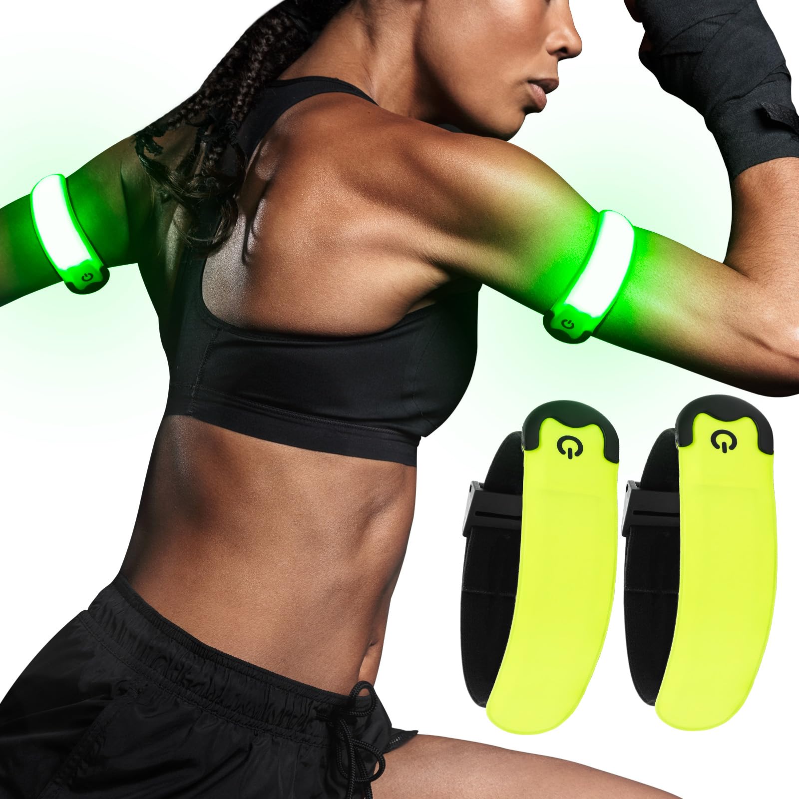 Visiklit Running Lights for Runners, Reflective LED Arm Bands Rechargeable (2 Pack) Adjustable Wristband Night Safe Walking Light, High Visibility Running Gear for Joggers Bikers Walkers-Green