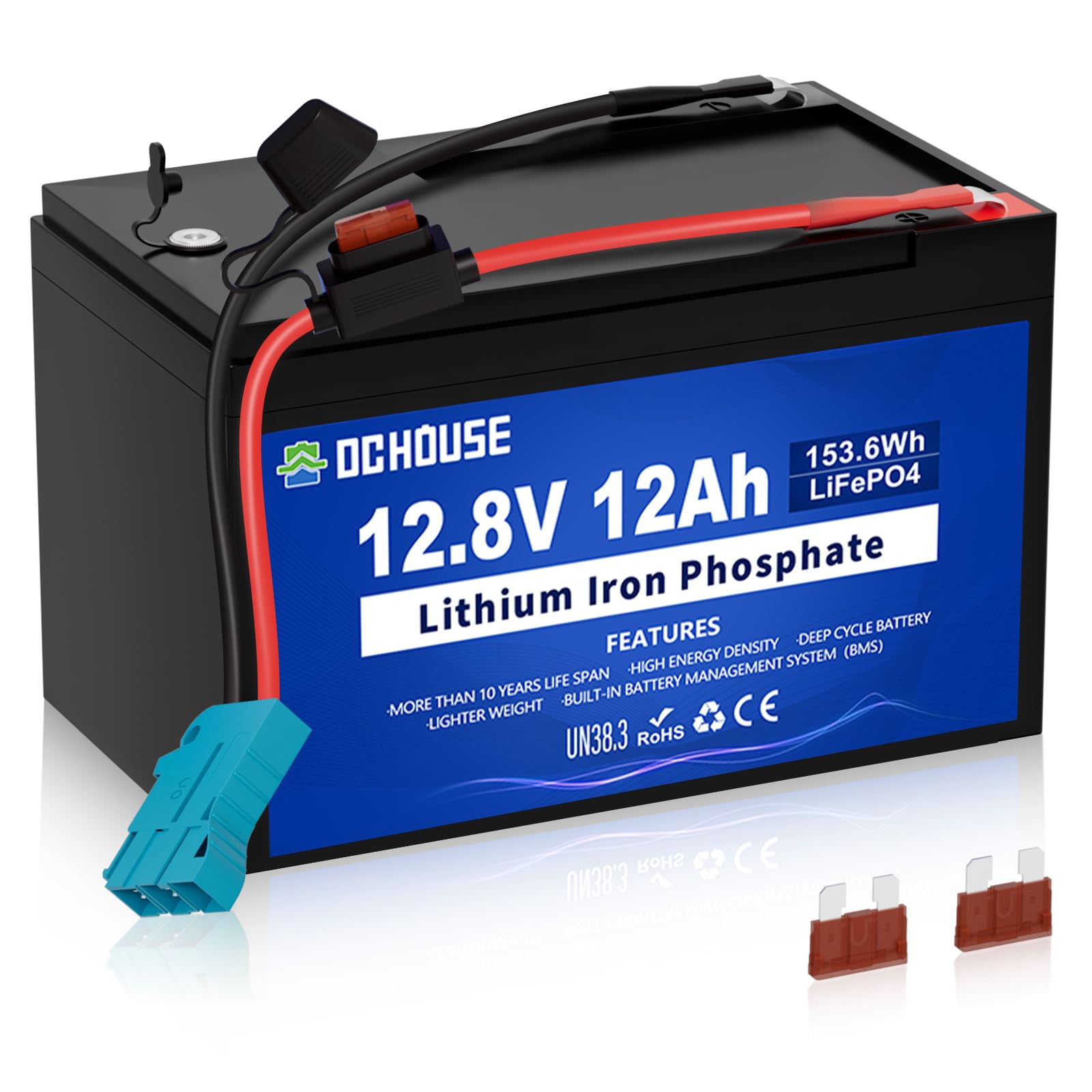 DCHOUSE 12V 12Ah Ride On Toys LiFePO4 Lithium Battery Kit with Wire Harness Connector & DC Port, 5000+ Cycles Rechargeable Battery with 15A BMS for Power Wheels, Kayak, Fish Finder, Mobility Scooter