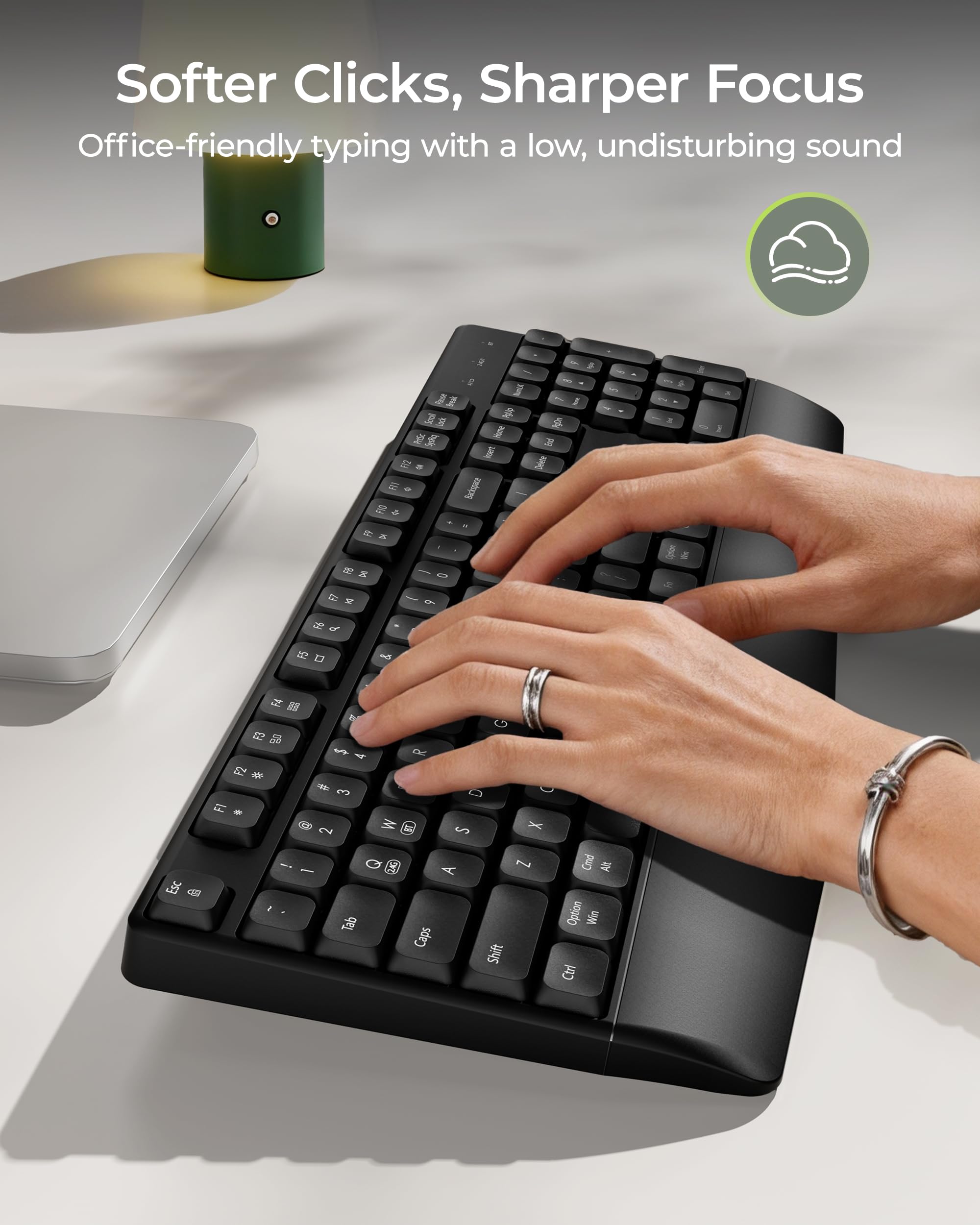 seenda Bluetooth Wireless Keyboard, Wireless Ergonomic Keyboard with Wrist Rest, Multi-Device Bluetooth Keyboard with Number Pad, Full-Size Keyboard for Laptop/MacBook/Mac/Windows, Black — view 3