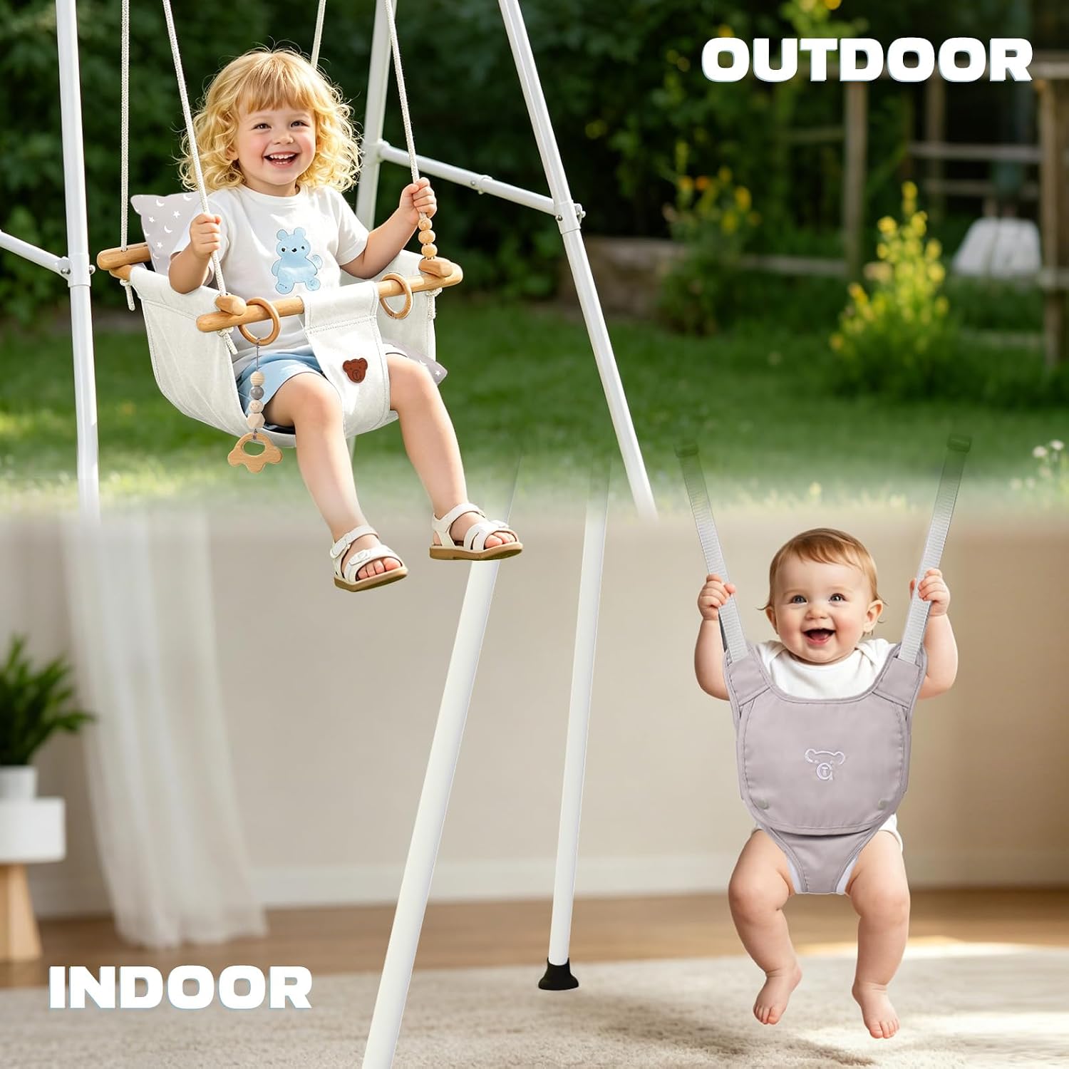 2 in 1 Baby Jumper & Swing, Foldable Stand, Toddler Swing Set for Indoor & Outdoor