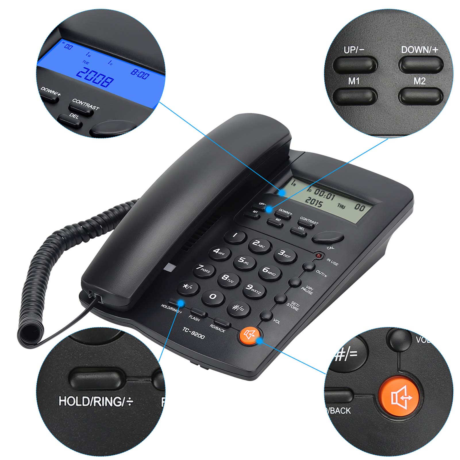 Uvital Desktop Corded Phone, DTMF/FSK mode, LCD display, call memory, base calculator, special ring for VIP numbers, M1, M2 One Touch Memory, in use LED indication, last number repeat