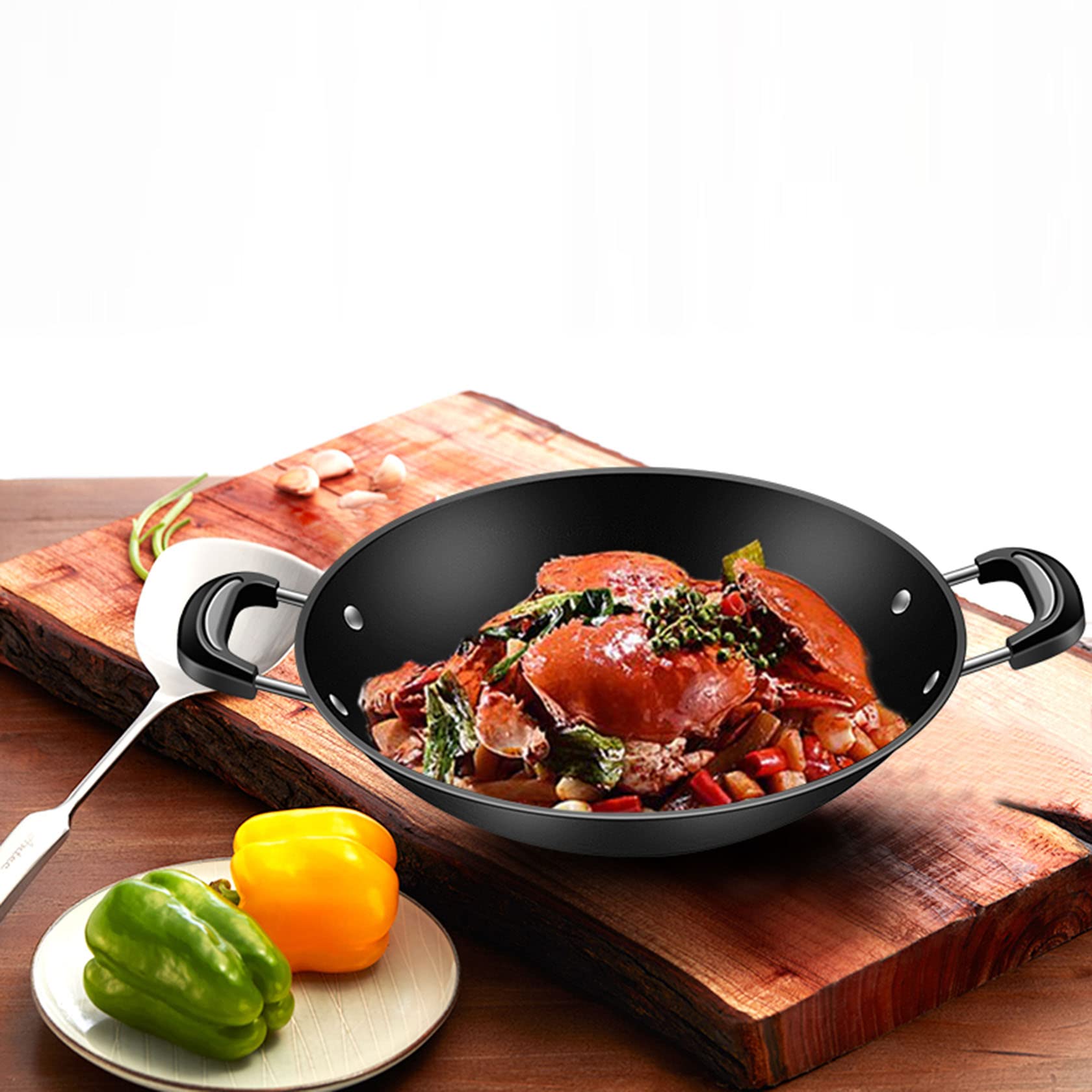 Wok in ghisa, stile antico, pentola binaurale tradizionale in ghisa, Without lid-φ34 cm