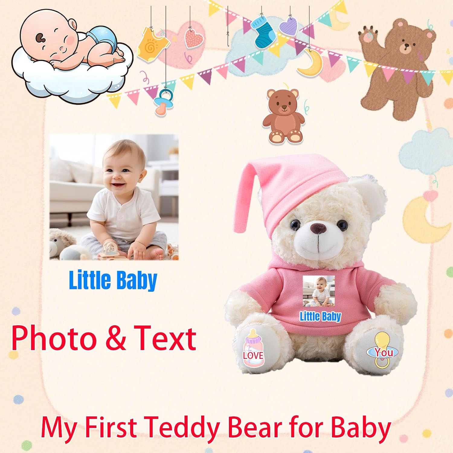 Personalized Teddy Bear for Baby Kids Adults, Custom My First Teddy Bear Stuffed Animal Plush with Text Photo as Personalized Gifts for Birthday Baby Shower Valentines Christmas Day, 10 inch