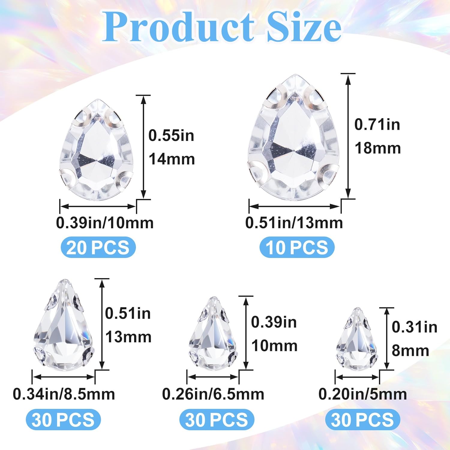 120 Pcs Sew on Rhinestones, Acrylic Glass Gemstones Waterdrop Shaped, 5 Sizes Bedazzling Flatback Crystal Gems with Metal Claws for Clothes Crafts Embellishment -White - Image 2