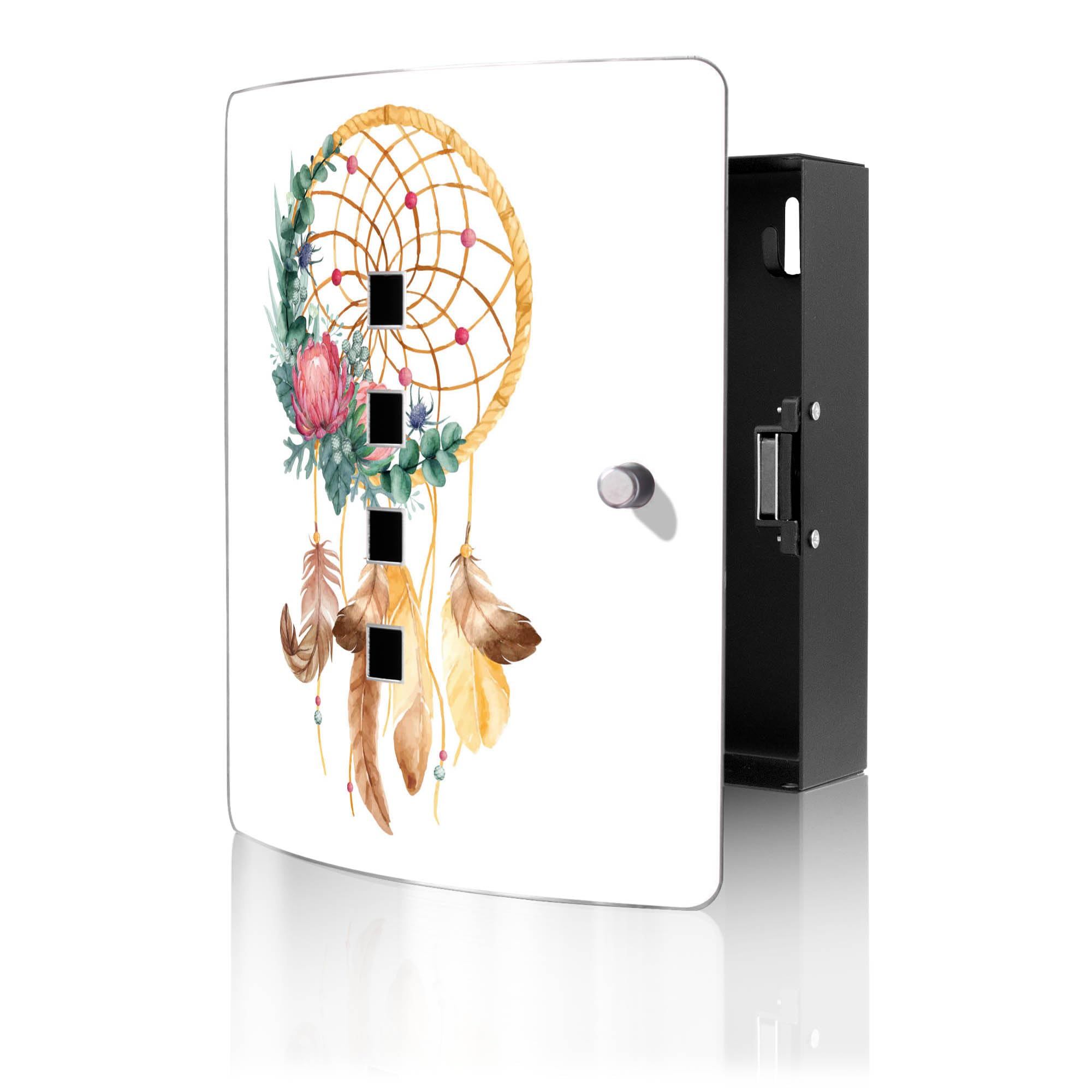 banjado Design Schlüsselkasten aus Edelstahl für 10 Schlüssel - Schlüsselschrank zur Schlüssel Aufbewahrung 24 x 21,5 x 7cm groß mit praktischem Magnetverschluss - Motiv Traumfänger Federn und Blumen
