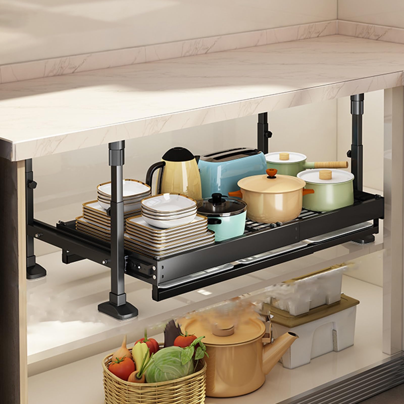 DFGHNBVC Adjustable Metal Spice Rack Under Sink Shelf Nizer With 3 Section Extension Rail Freestanding Storage Shelves For Kitchen Cabinet,Black-Large
