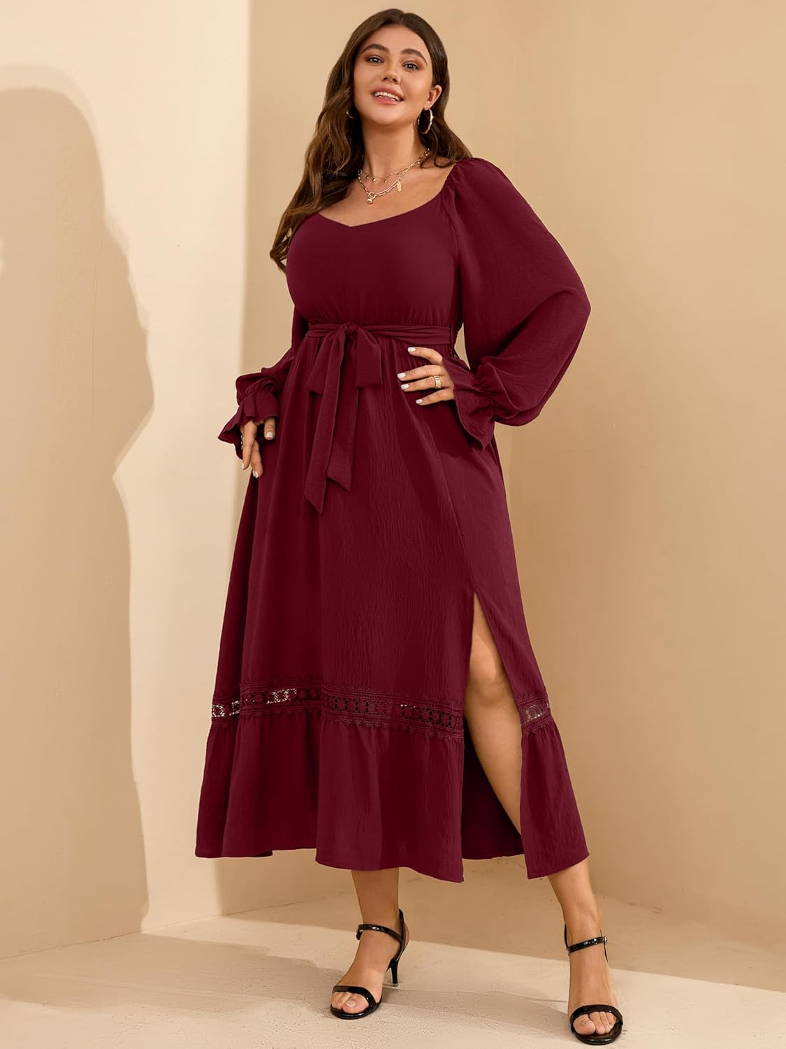 RWJ Long Sleeve Dress for Women Fall V Neck Formal Wedding Guest Cocktail Off Shoulder Plus Size Maxi Dresses with Belt
