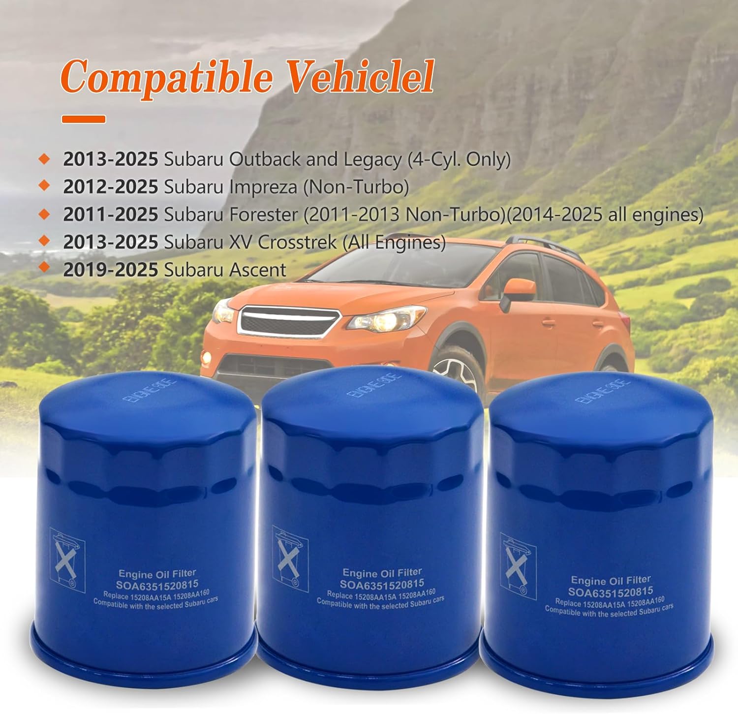 Engines Oil Filter Replacement for 2011-2025 Subaru Outback, Legacy, Impreza, Forester, XV Crosstrek, Ascent Replace 15208AA160, 15208AA15A SOA6351520815 Pack of 3
