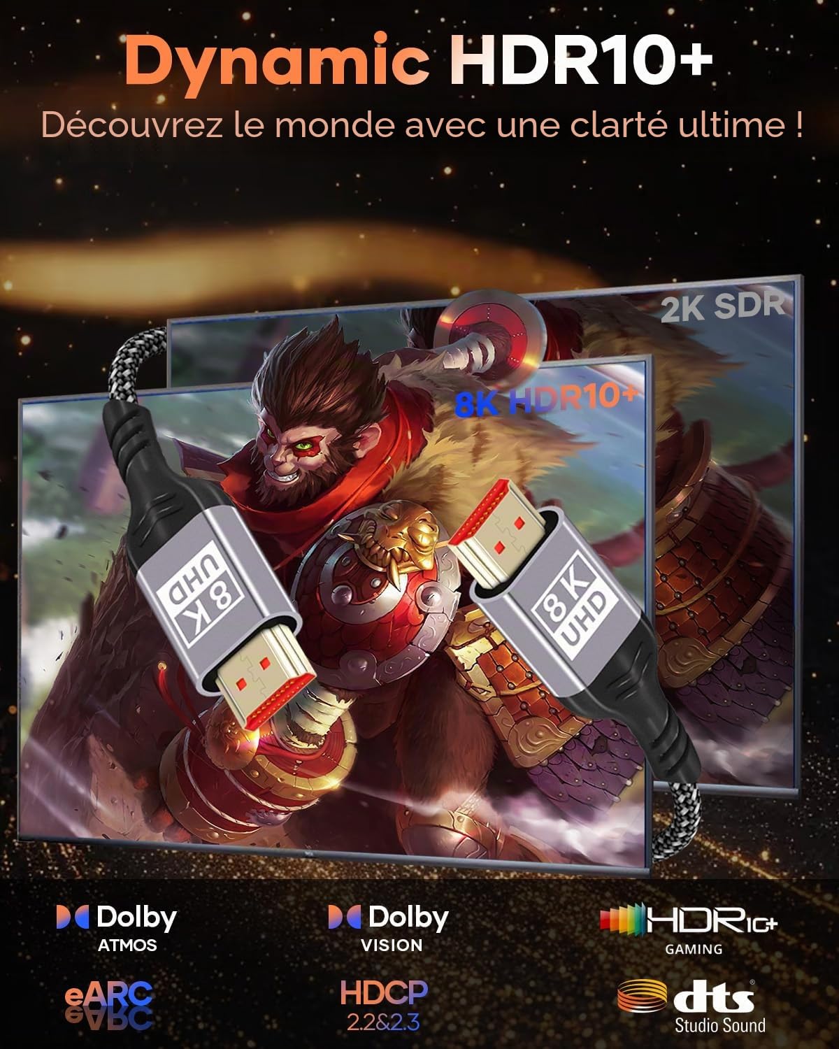 Câble HDMI 2.1 8K 5m 48Gbps 8K@60Hz 4K@144Hz eARC HDR10 HDCP 2.2 Dolby Atmos pour HDTV PS5